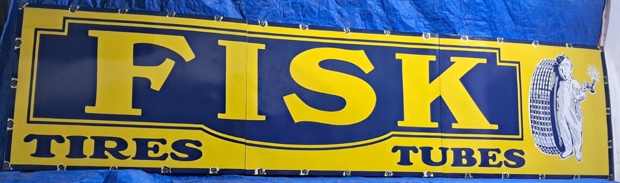 Fisk Tires & Tubes Porcelain Enamel Sign 30 X 120 Inches in 3 Parts