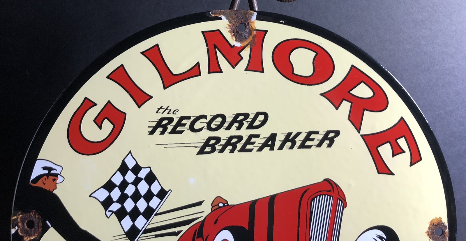 VINTAGE 1939 DATED GILMORE GASOLINE RECORD BREAKER PORCELAIN GAS OIL SIGN