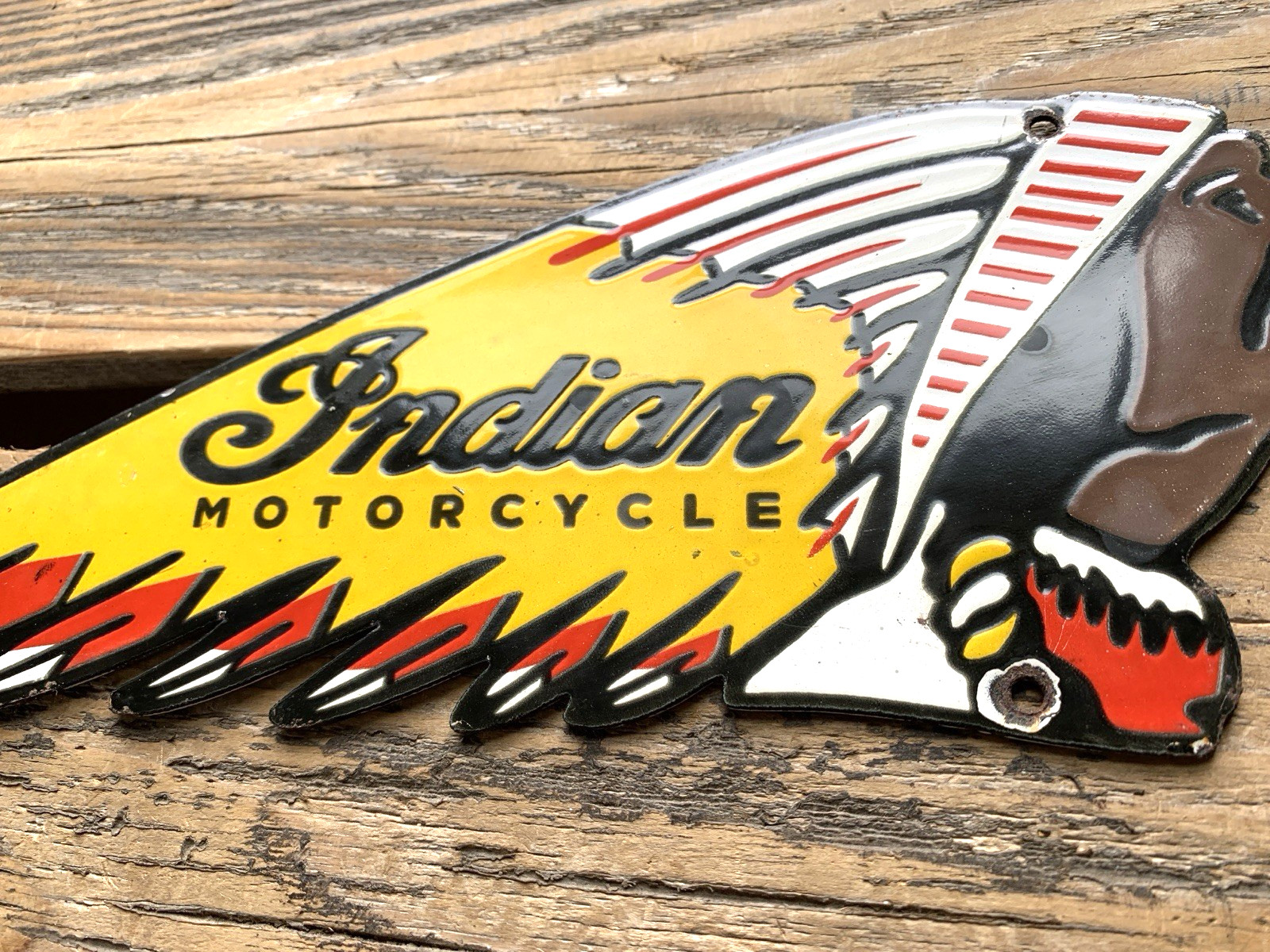 VINTAGE 12×4.5″ INDIAN MOTORCYCLE SALES & SERVICE GASOLINE PORCELAIN OIL SIGN