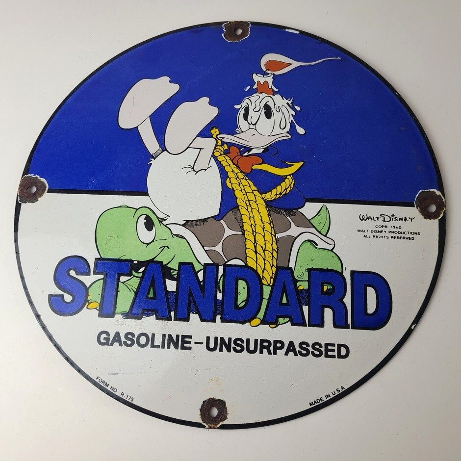 Vintage Standard Gasoline Sign – Gas Oil Pump Plate Walt Disney Porcelain Sign