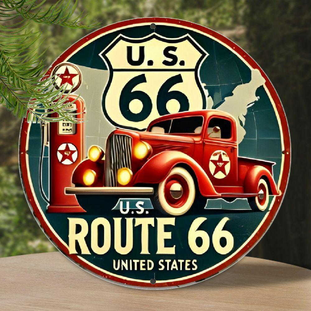 1pc Vintage Route 66 Tin Metal Signs, 8×8 Inch Aluminum Wall Art, Retro Gas Sta
