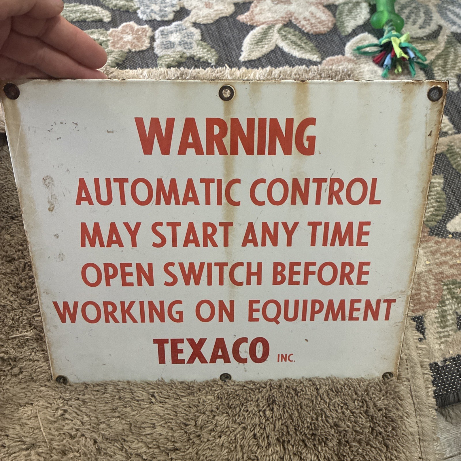 Original Gas & Oil Porcelain Sign Texaco Warning Automatic Control Sign