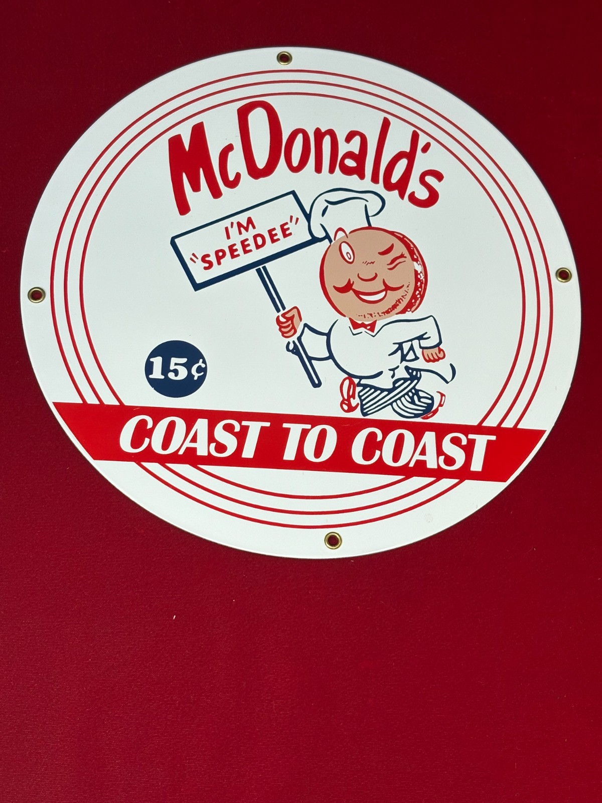 VINTAGE “McDONALD’S COAST TO COAST” PORCELAIN ADVERTISING SIGN (11.5″) NEAR MINT