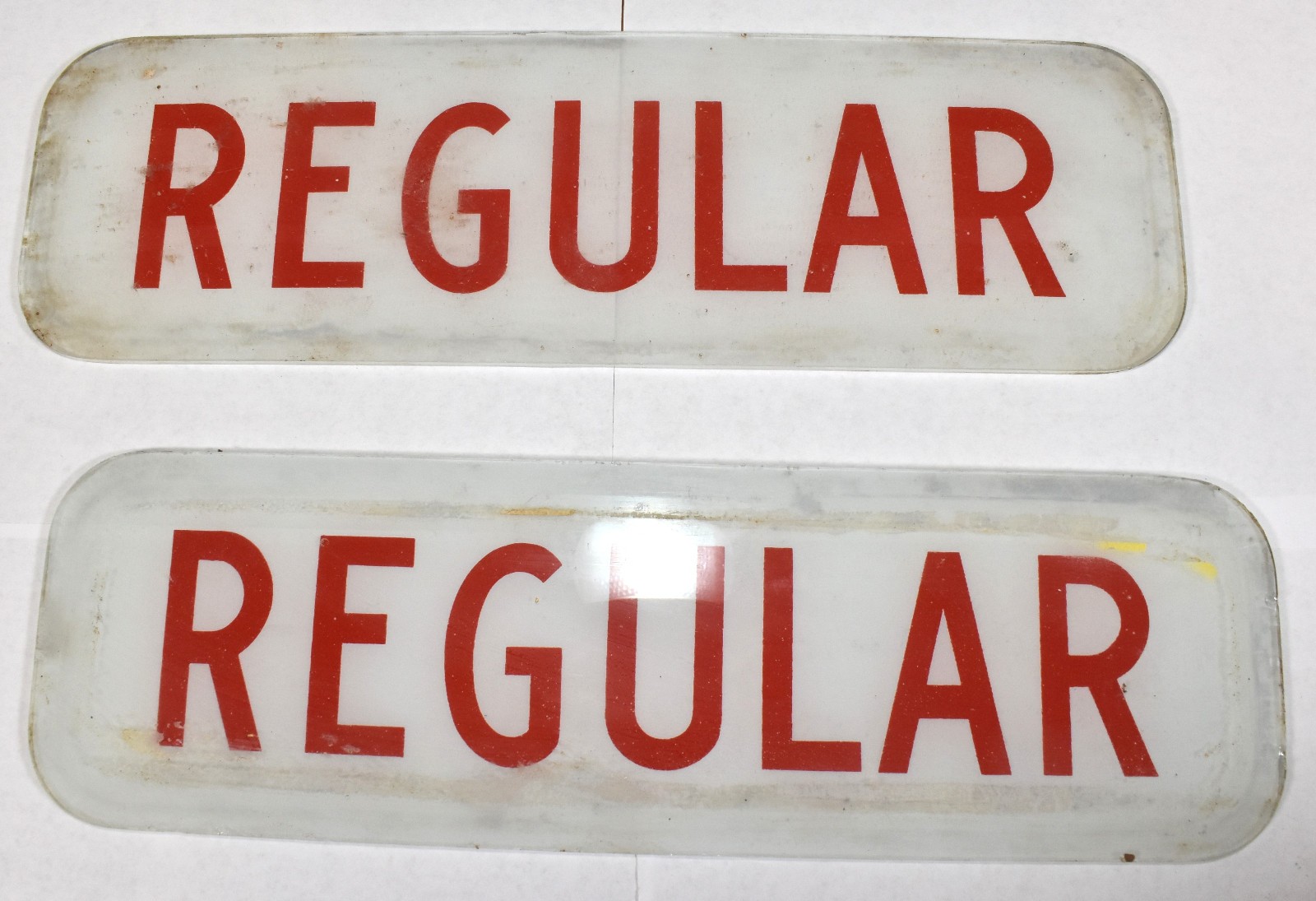 Vintage REGULAR Gasoline Pair Gas Pump Glass Sign Panels Petroliana 12″ Insert