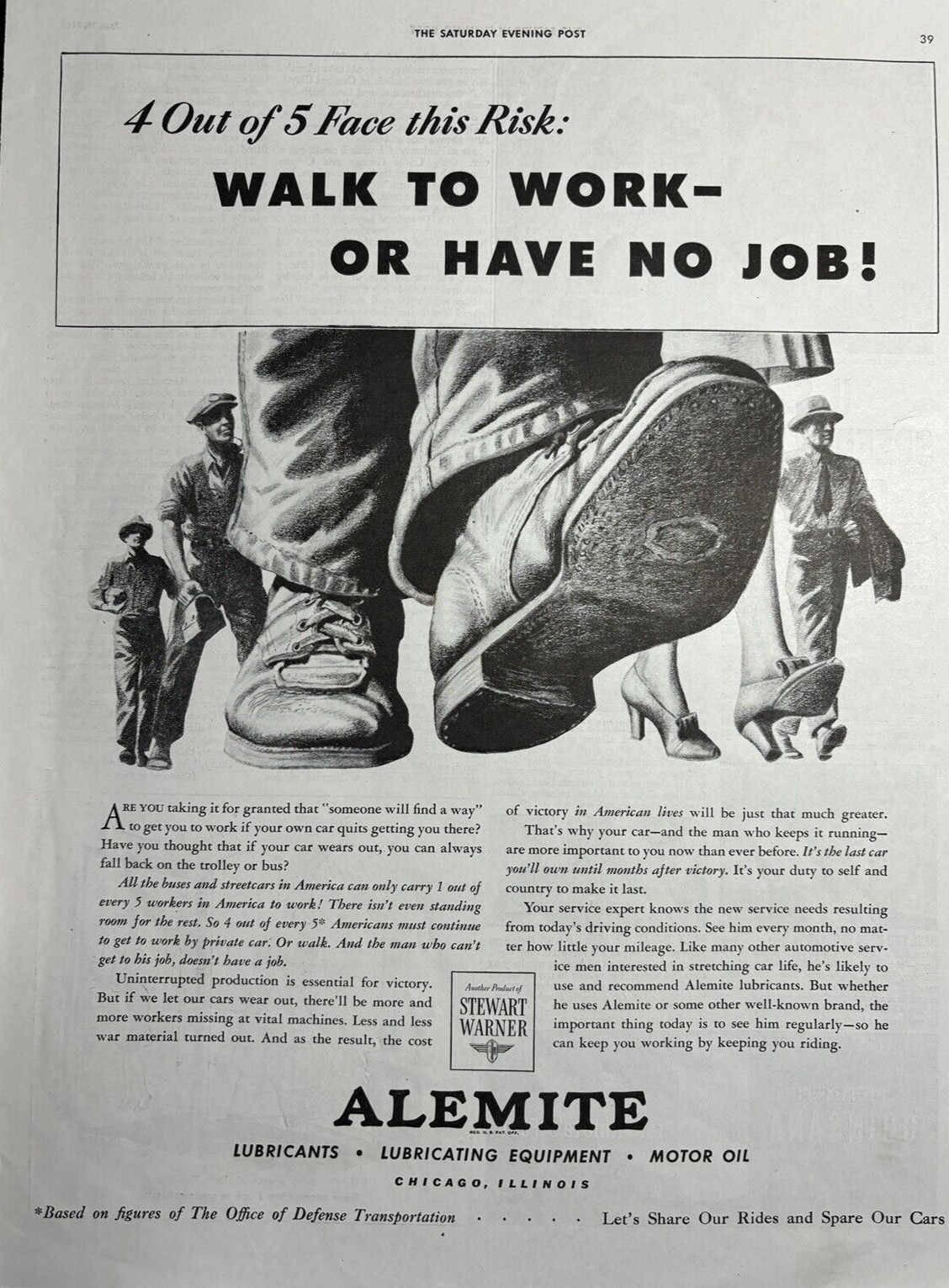 1943 Alemite Motor Oil Lubricant Chicago Walk To Work Job Defense VTG Print Ad