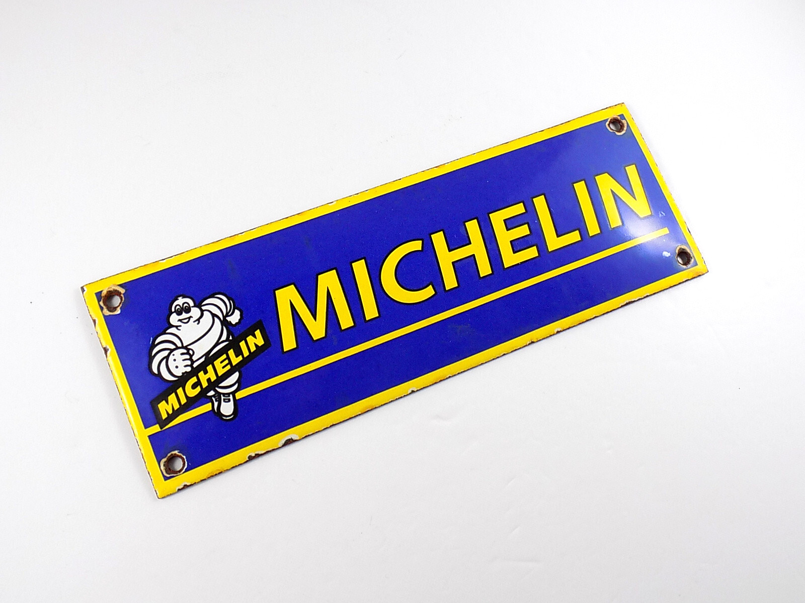 VINTAGE MICHELIN PORCELAIN METAL SIGN 7-3/4“ x 2-3/4″ TIRES OIL GAS TYRES RACING