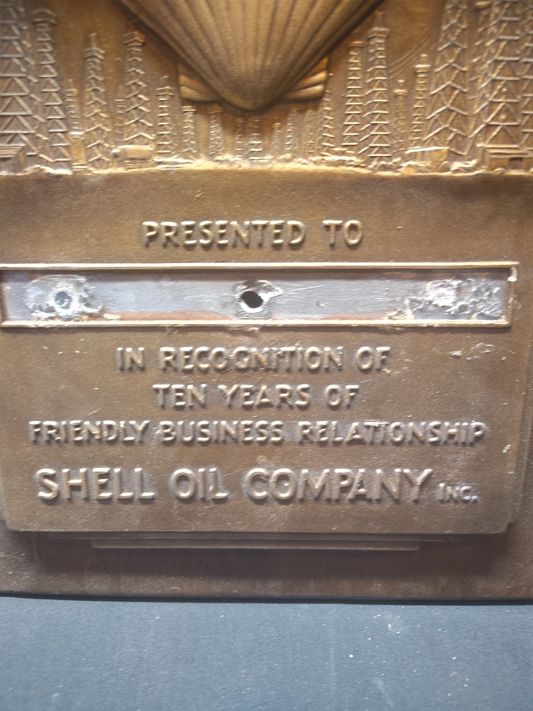 Vintage Shell Gasoline Dealer Award Brass Plaque No Name Badge