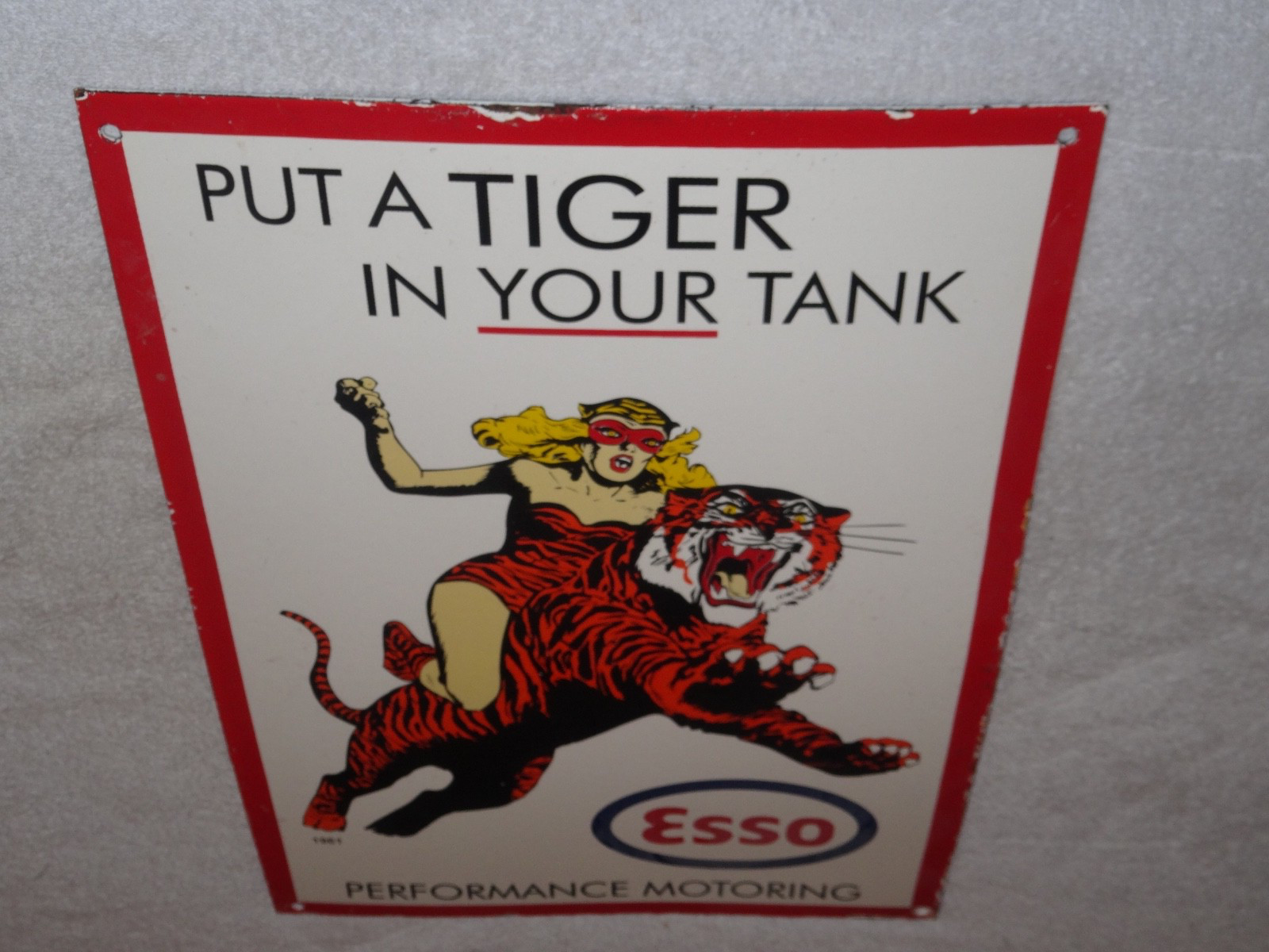 VINTAGE 1961 ESSO CAT WOMAN RIDES TIGER BATMAN & ROBIN MOVIE SHOW PORCELAIN SIGN