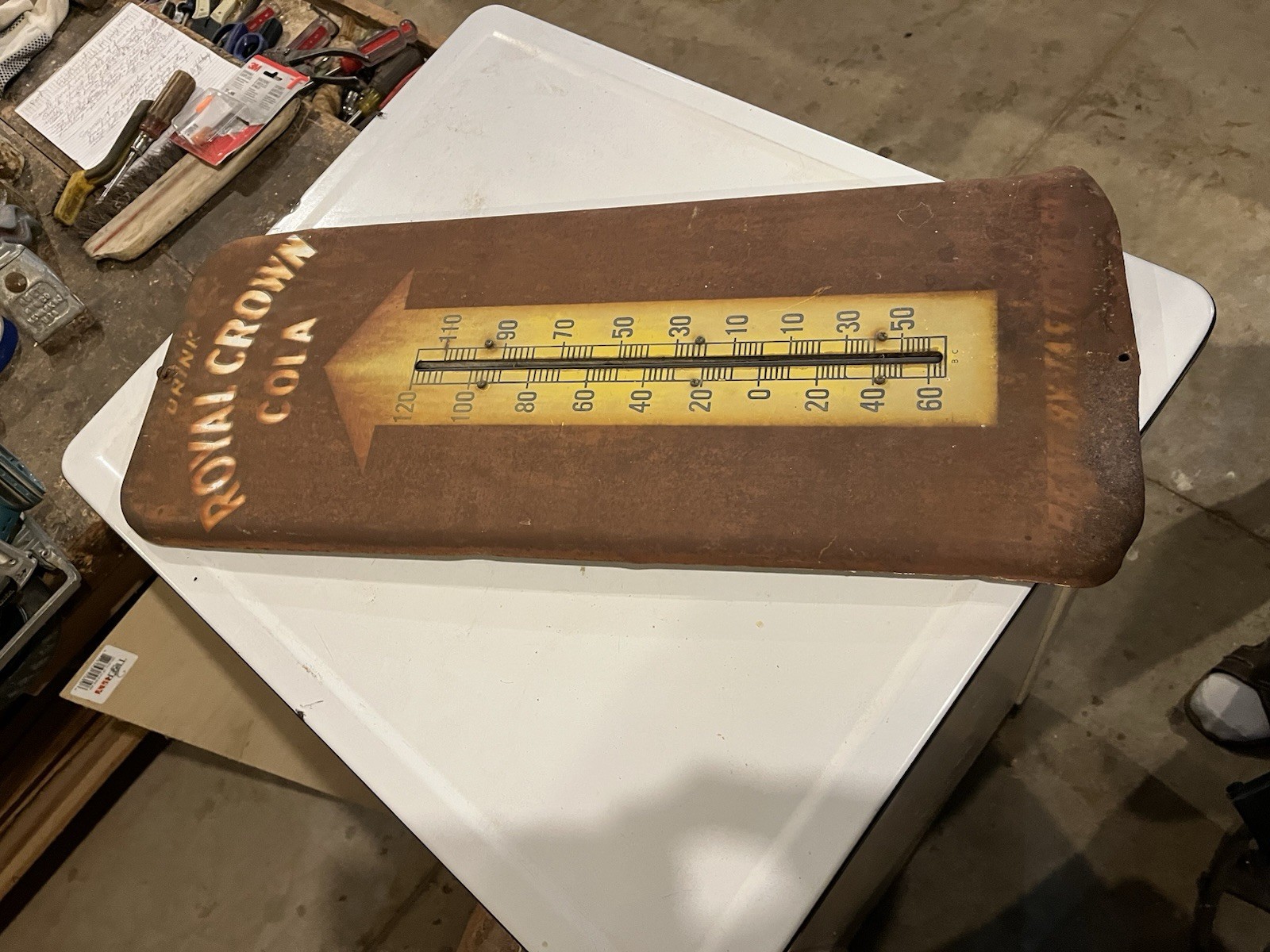 antique gas station royal crown cola tin thermometer sign