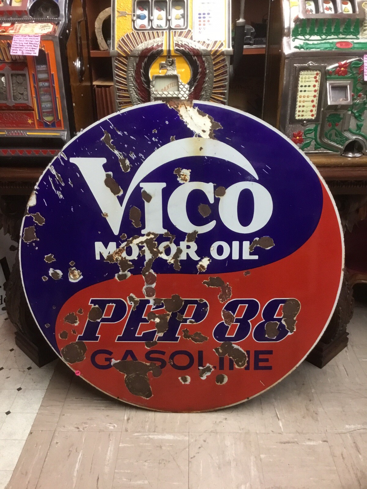 Ultra Rare 1930s 40s Vico Pep88 Gasoline Double Sided Porcelain Sign 42 inches.