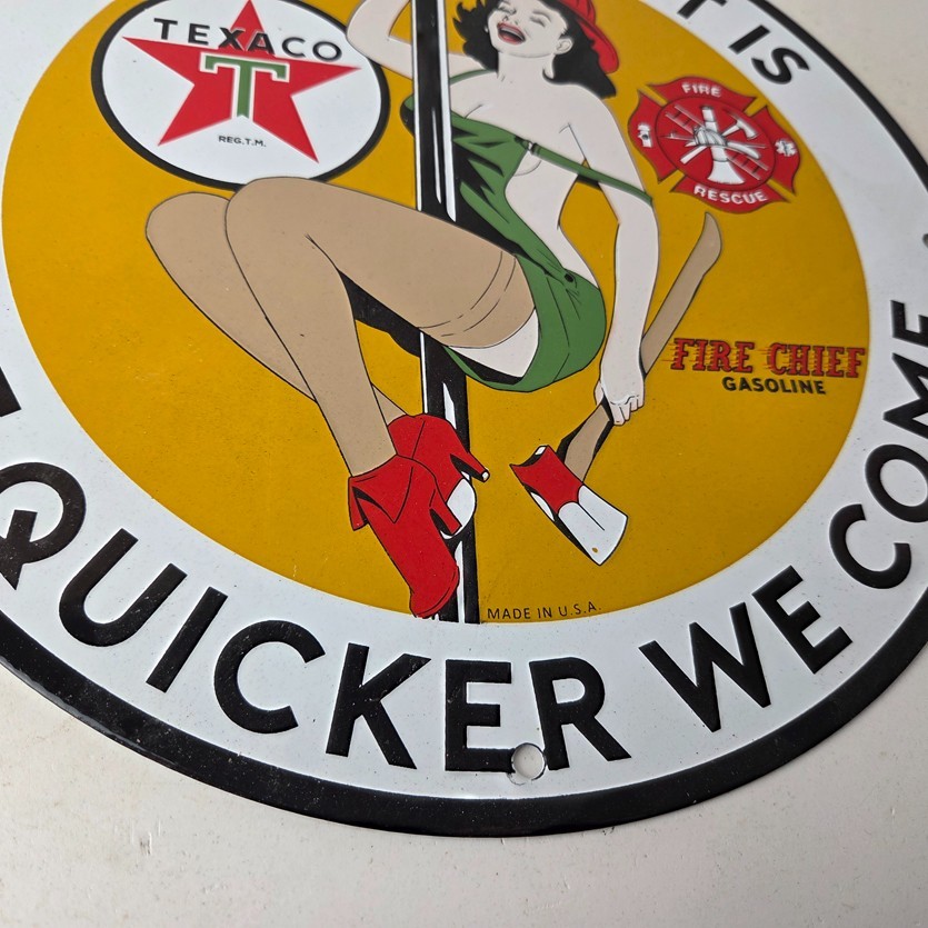 Vintage Texaco Gasoline Sign – Fire Pole Fire Chief Gas Pump Ad Porcelain Sign