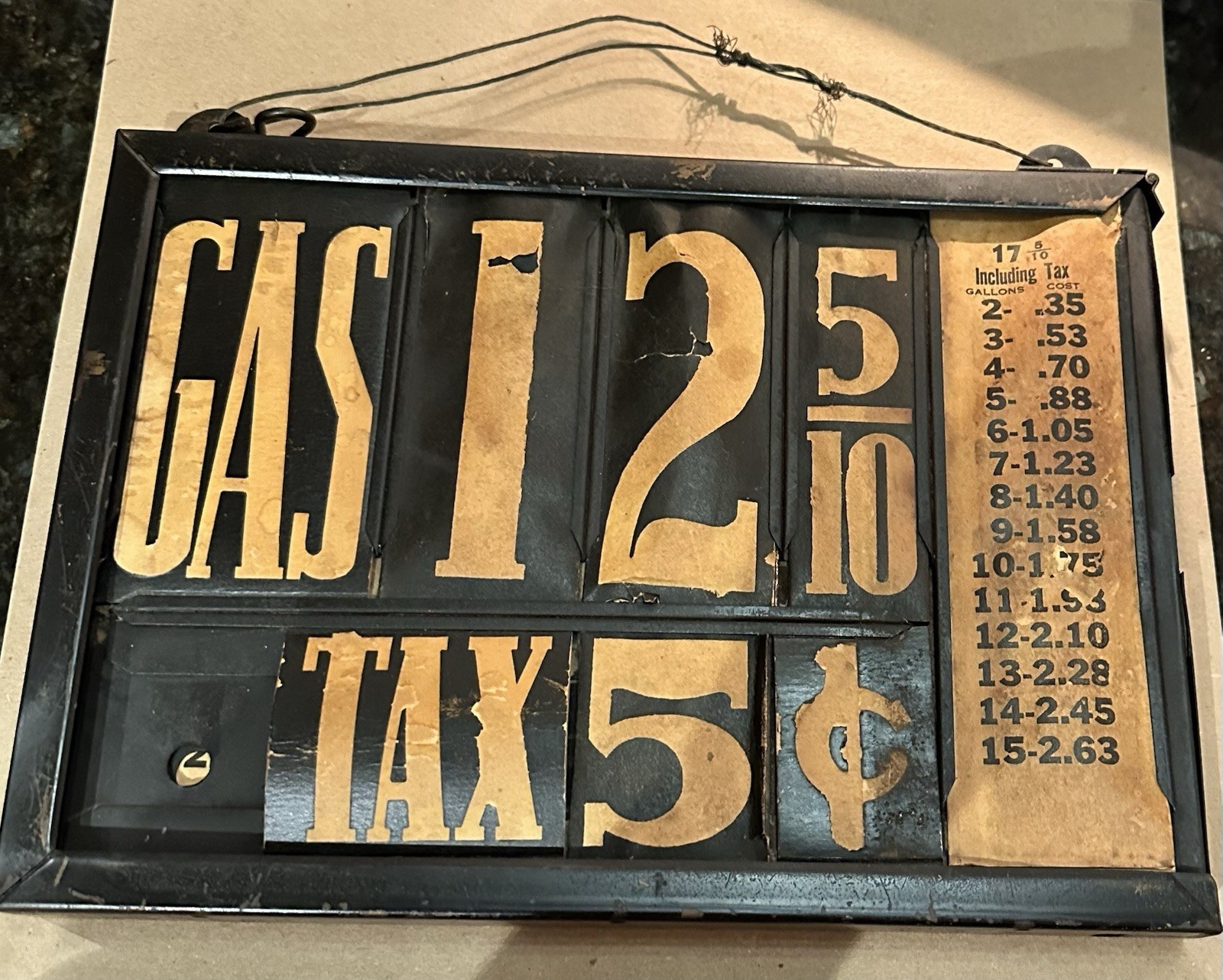 Vintage 1930’s Double Sided Metal Gasoline Price/Tax Sign W/ Stiff Paper Inserts