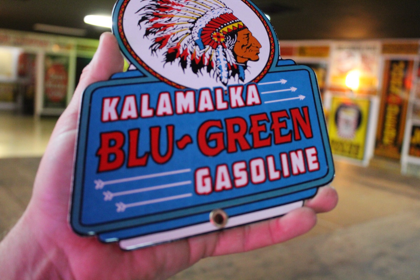 KALAMALKA BLU-GREEN GASOLINE DEALER PORCELAIN METAL SIGN GAS OIL FORD INDIAN