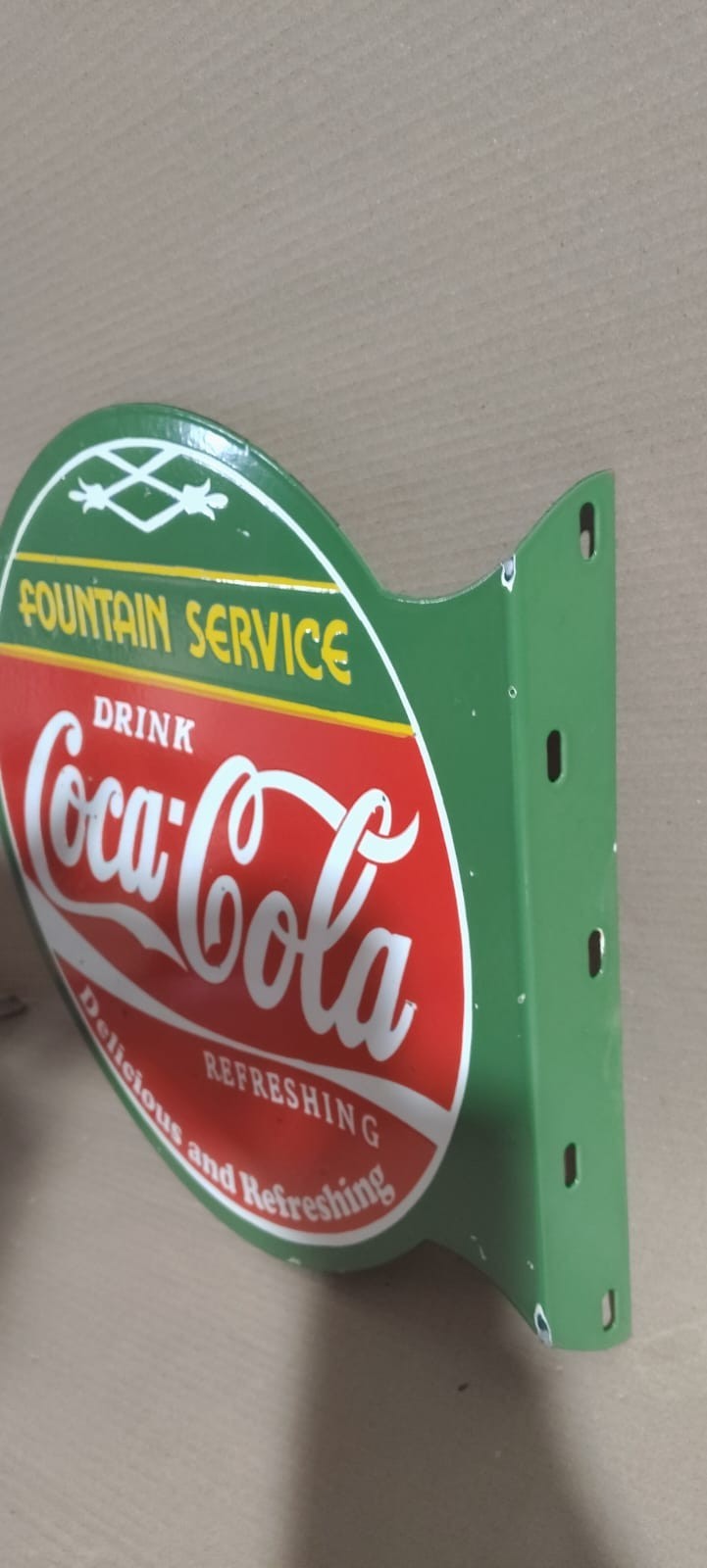 Drink Coca Cola Fountain Service Porcelain Enamel Sign 19.5 x 17 Inches 2 Sided