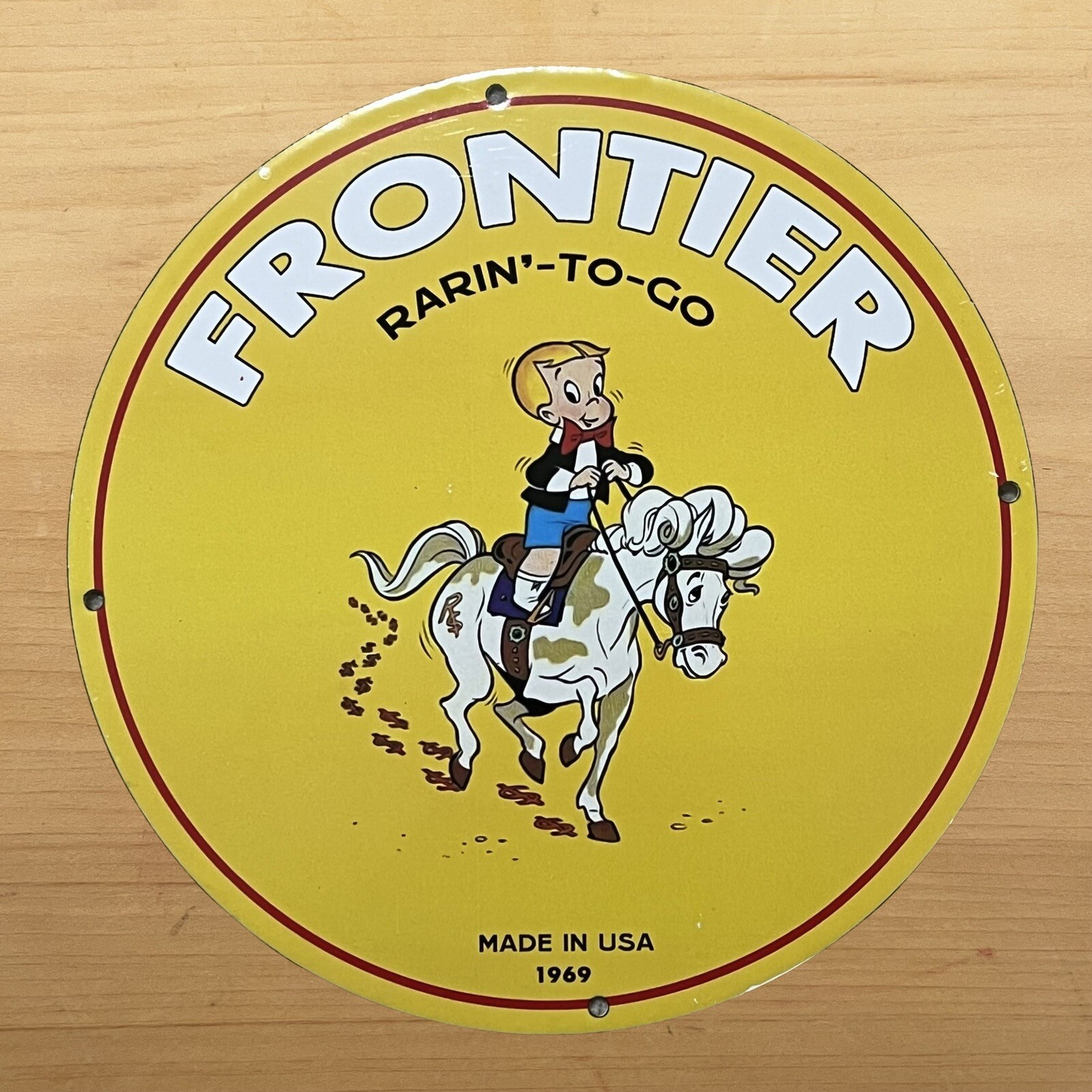 VINTAGE FRONTIER GASOLINE PORCELAIN SIGN RARIN’ TO GO SERVICE STATION PUMP PLATE
