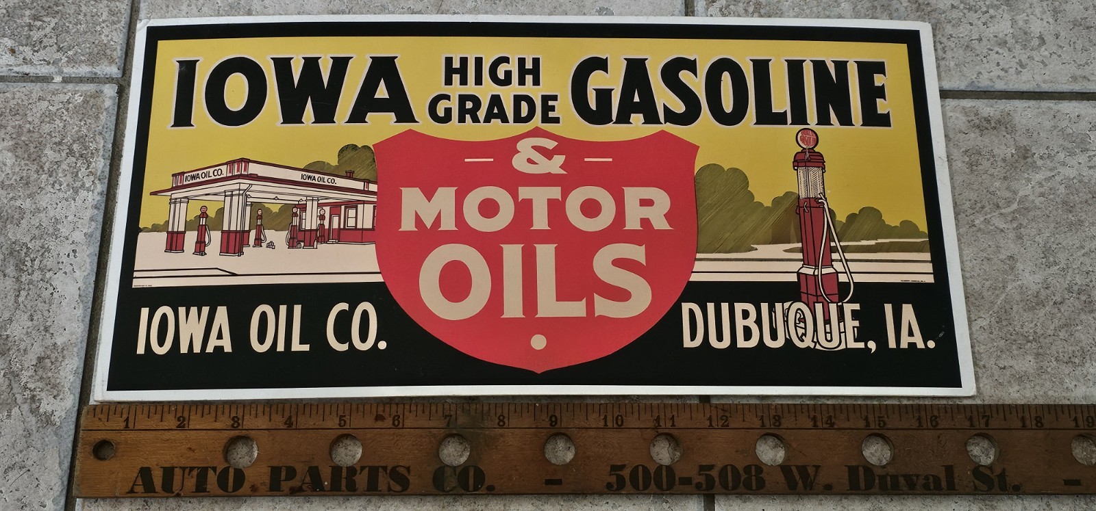 Iowa Gasoline Oil Co Dubuque IA Sign Gas Station Dealer Easel Back Cardboard