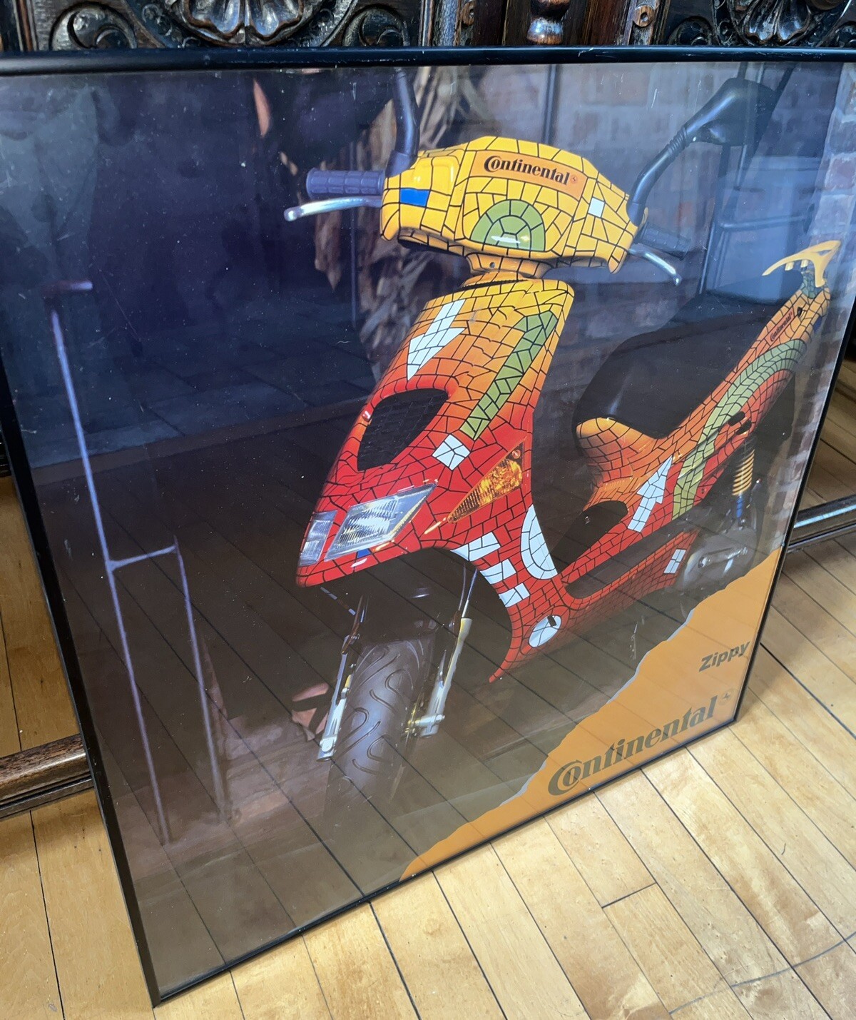 Vintage Continental Tires Framed Sign Zippy Colorful Scooter Vespa