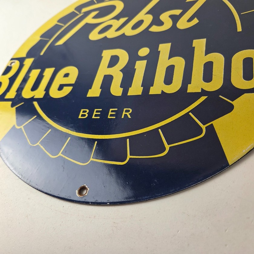 Vintage Pabst Blue Ribbon Sign – Alcohol Beer Brewing Gas Pump Porcelain Sign