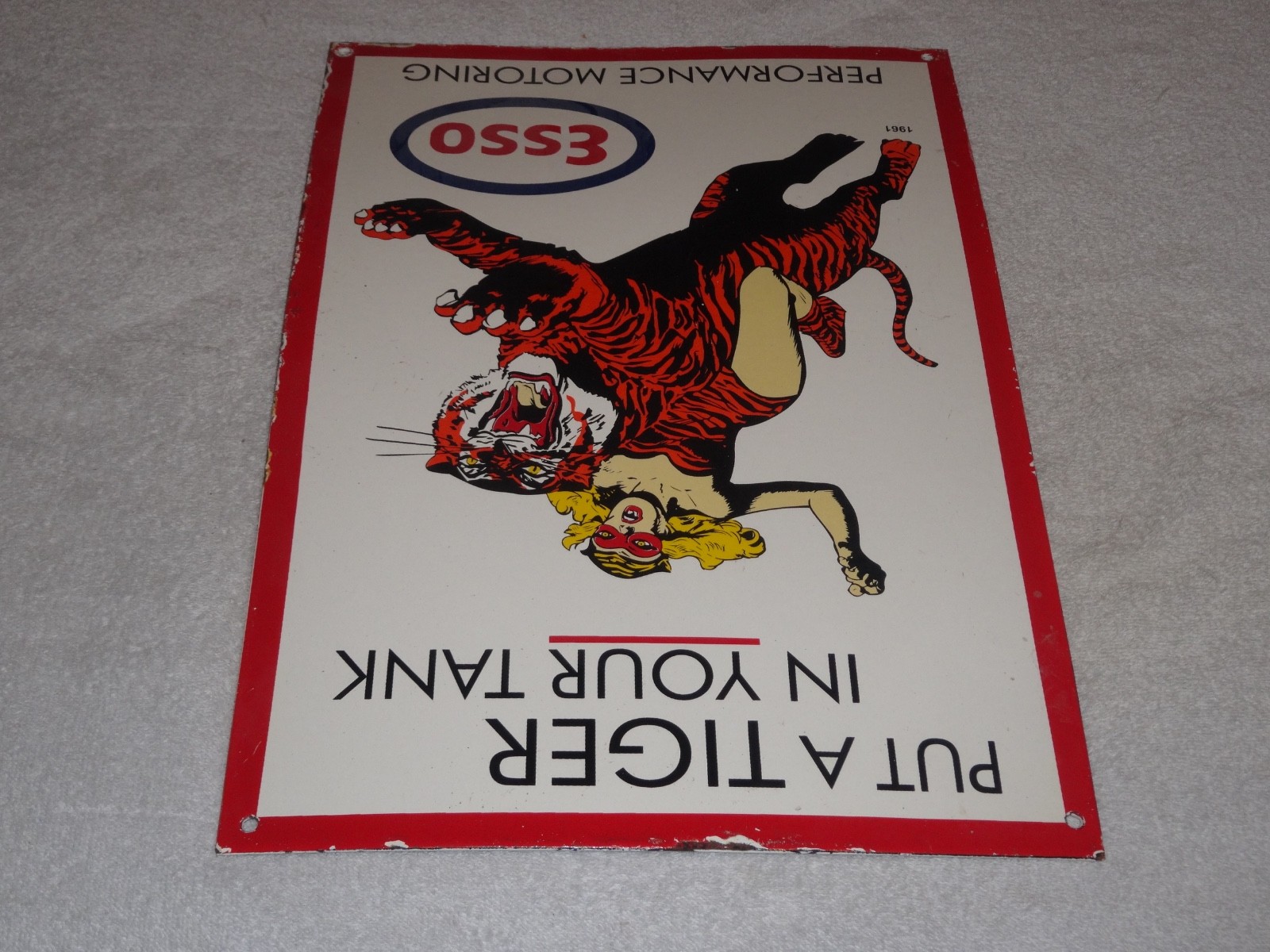 VINTAGE 1961 ESSO CAT WOMAN RIDES TIGER BATMAN & ROBIN MOVIE SHOW PORCELAIN SIGN