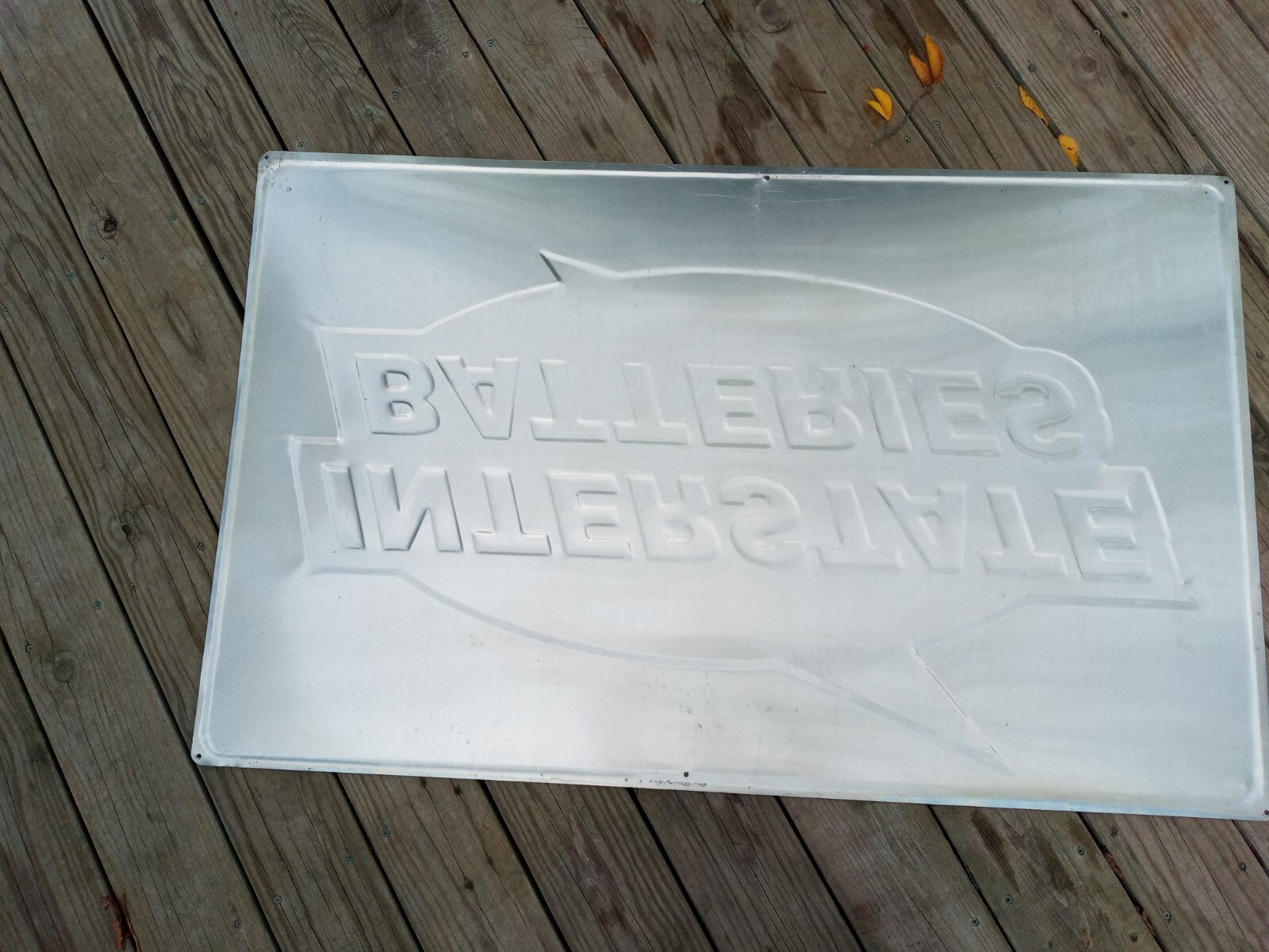 SWEET VINTAGE EMBOSSED ALUMINUM INTERSTATE CAR BATTERIES SIGN GAS/OIL 48″ X 30″