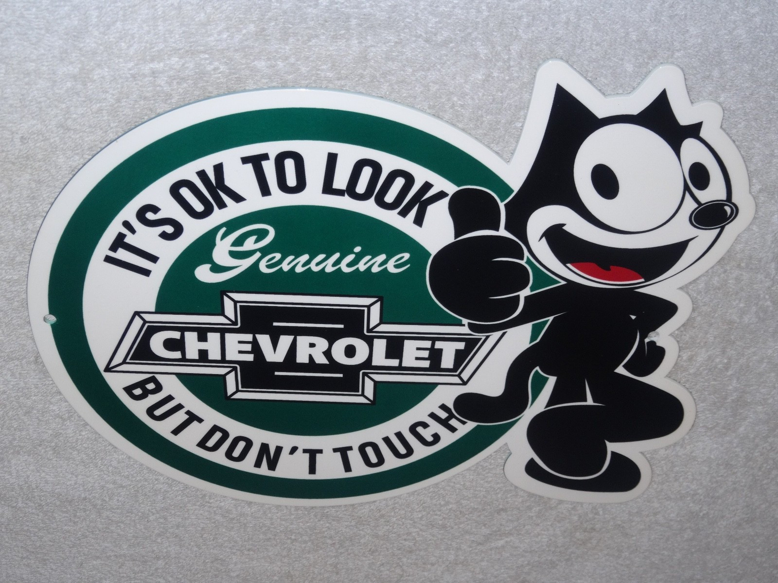 VINTAGE CHEVROLET FELIX THE CAT LOOK DONT TOUCH 12″ CAR TRUCK METAL GAS OIL SIGN