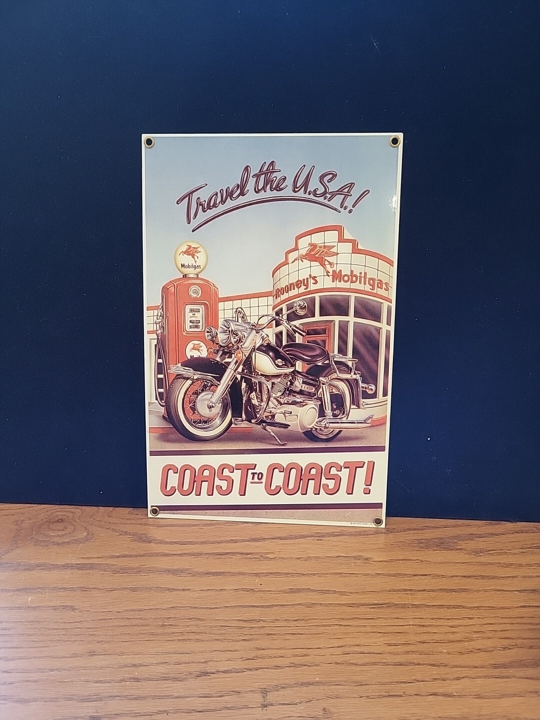Ande Rooney Travel The USA Coast To Coast Mobil Porcelain Sign Motorcycle TK