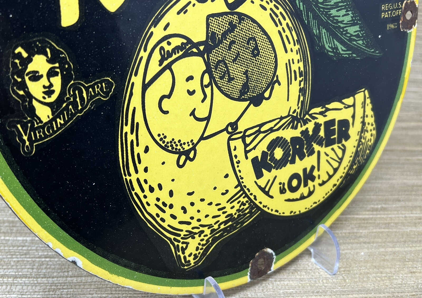 VINTAGE DRINK KORKER PORCELAIN SIGN SODA POP GAS OIL 7UP PEPSI COCA COLA DEW
