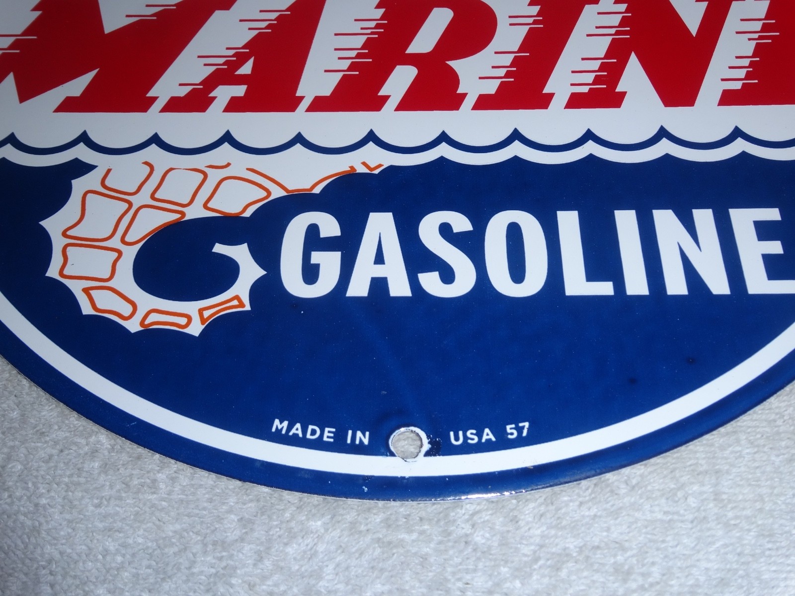VINTAGE 1957 MARINE GASOLINE EVINRUDE JOHNSON OUTBOARD BOAT MOTOR PORCELAIN SIGN