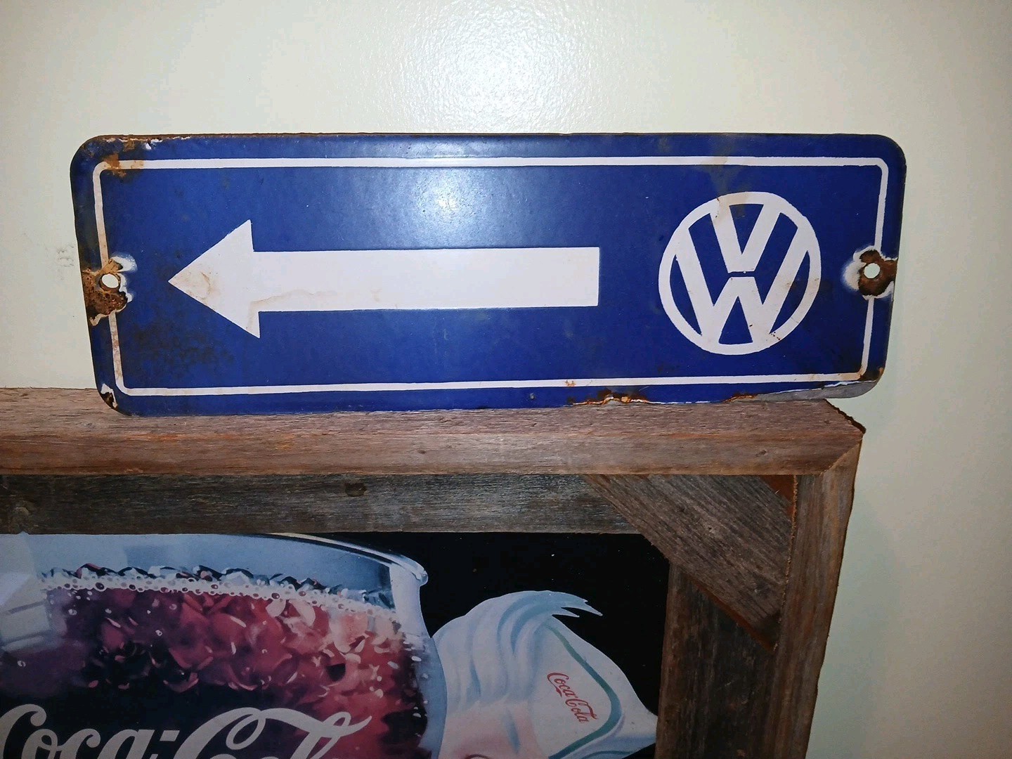 Vtg Large Volkswagen Sign – VW Sales Automobile Gas Pump Porcelain Sign Arrow