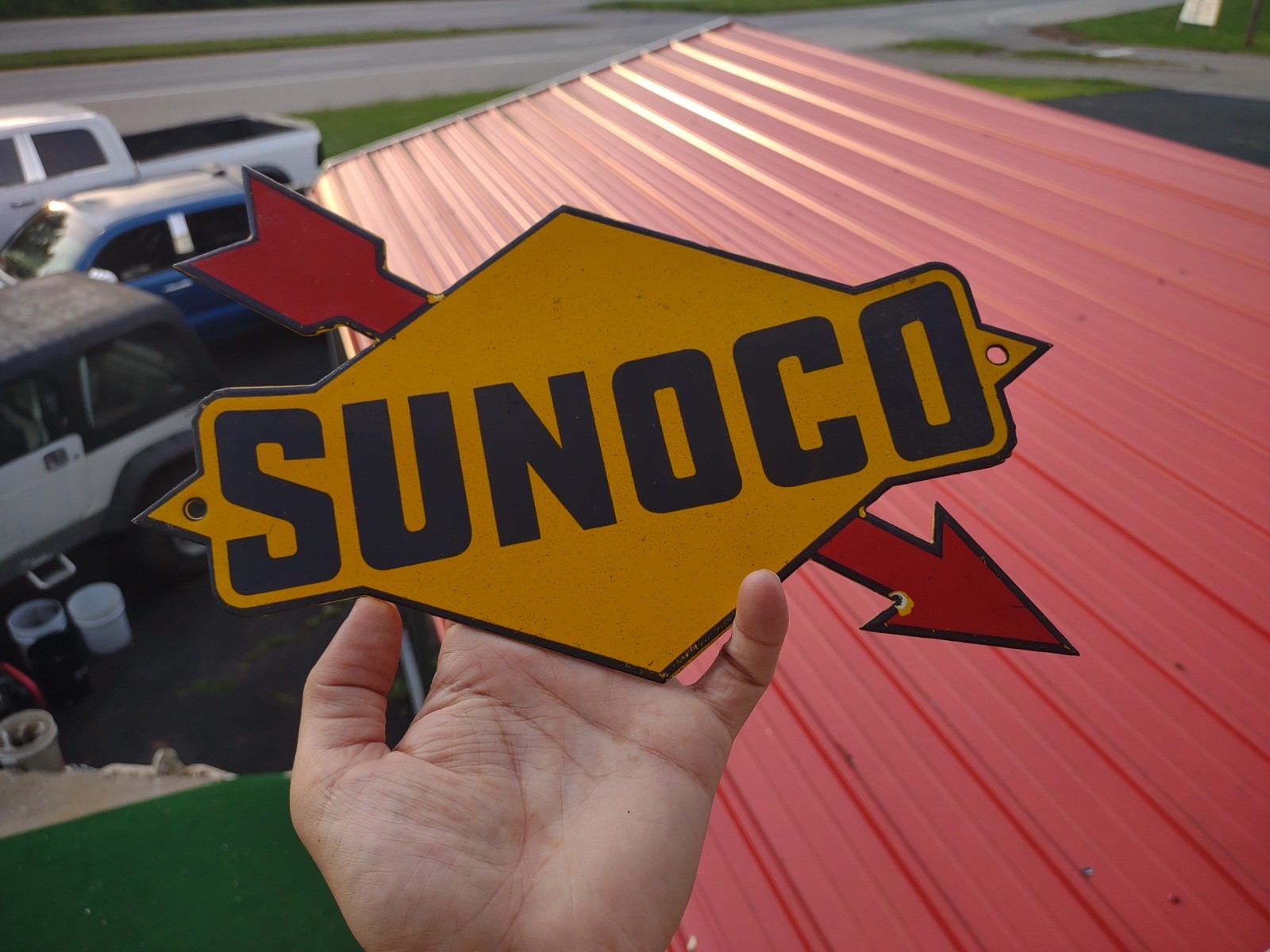 VINTAGE RARE SUNOCO GASOLINE ARROW PORCELAIN METAL SIGN AUTOMOBILE MOTORCYCLE