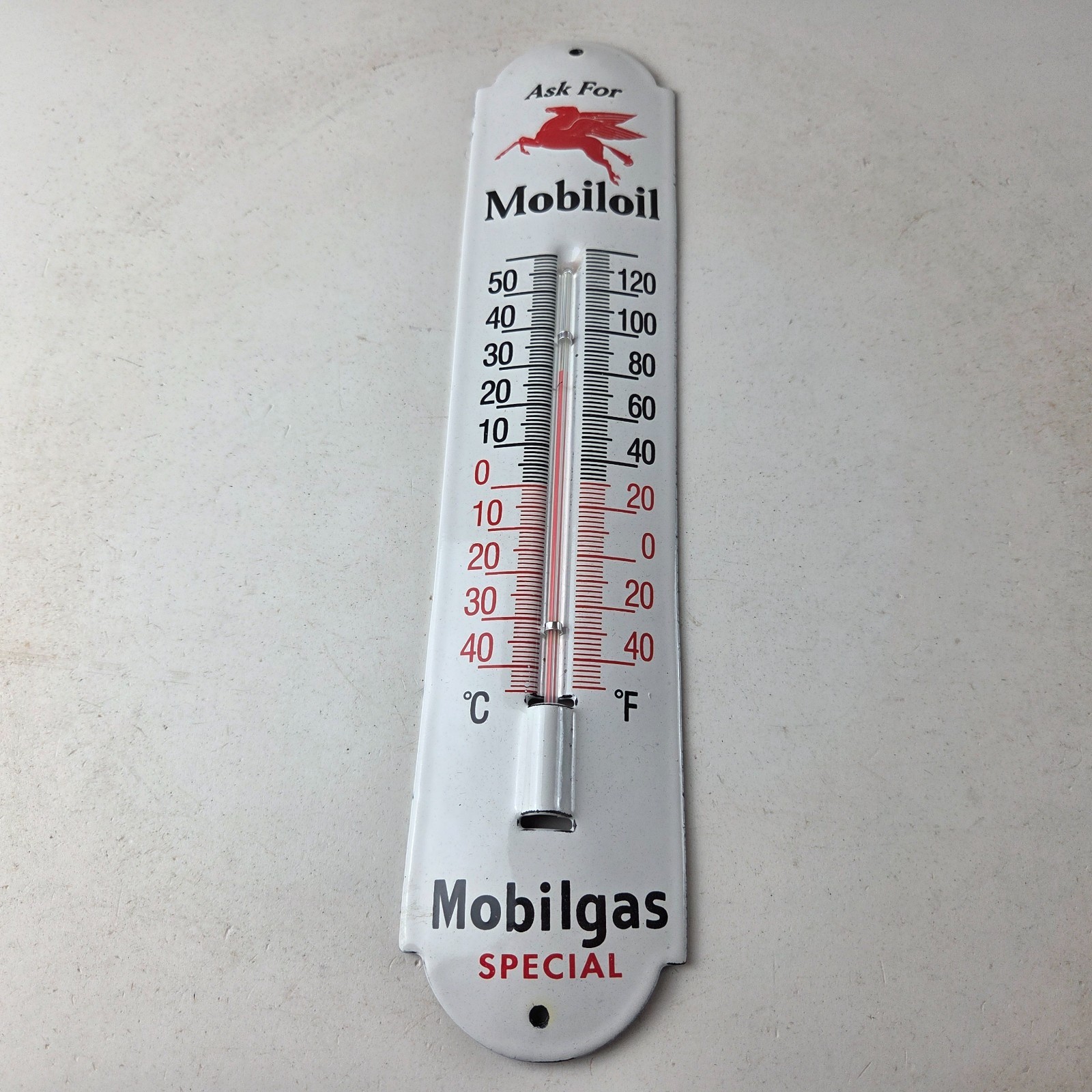 Vintage Mobilgas Sign – Gas Service Pump Ad Sign on Porcelain Thermometer