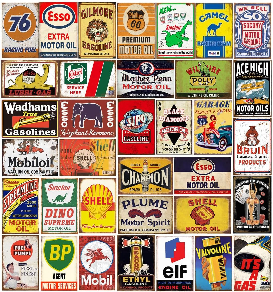 Reproduced Vintage Tin Sign Pack, Gas Oil Retro Advert Antique Metal Signs for G