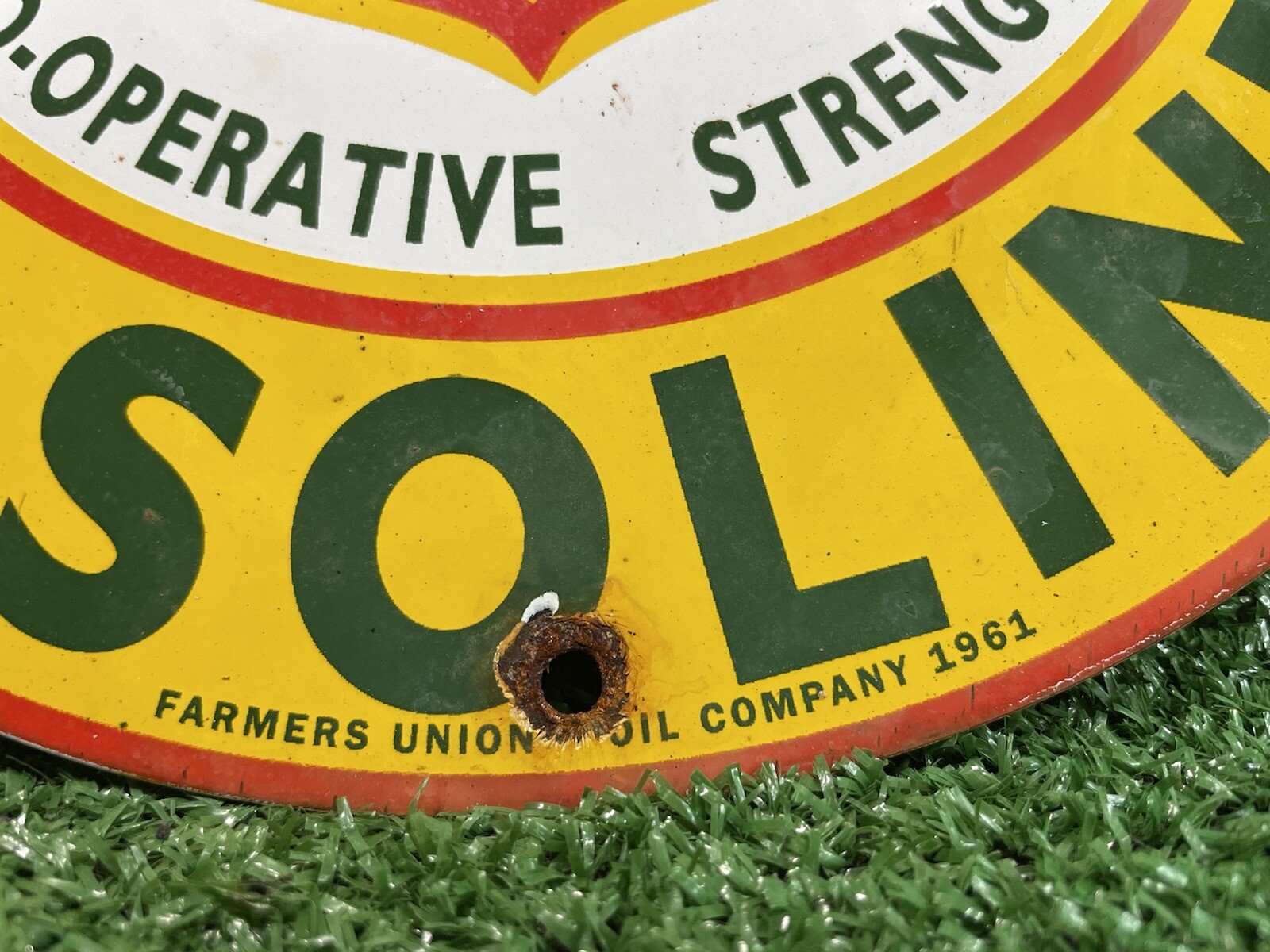 VINTAGE FARMERS UNION OIL CO PORCELAIN SIGN 1961 GAS STATION OIL FARM TRACTOR