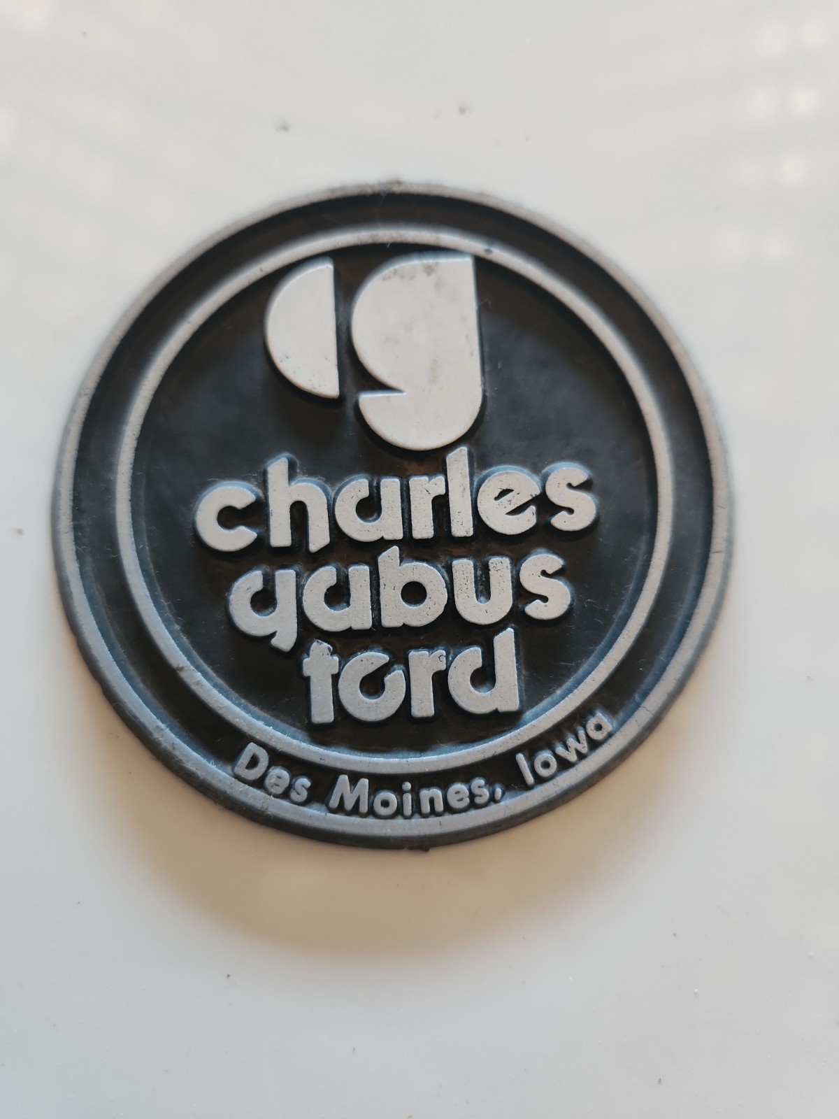 Vintage Charles Gabus Ford Des Moines IA Car Dealer Plastic Emblem Sign Badge