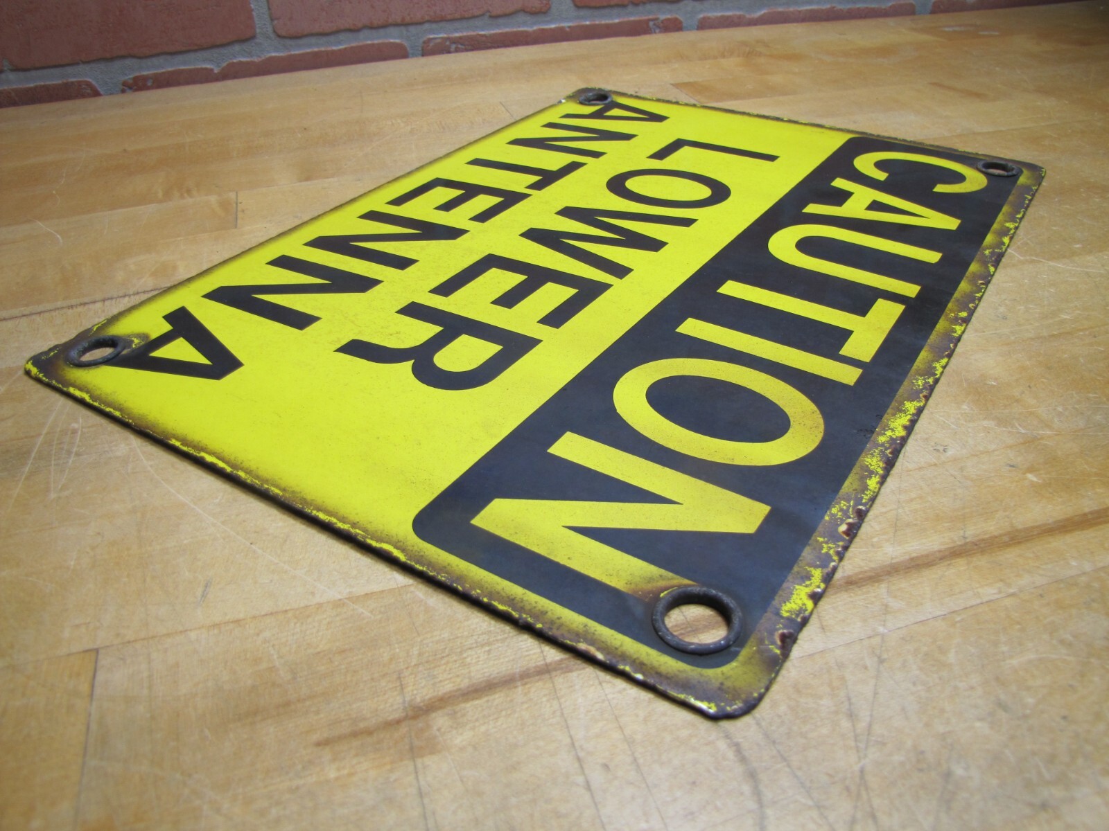 CAUTION LOWER ANTENNA Original Old Porcelain Sign Shop Car Wash Industrial RR