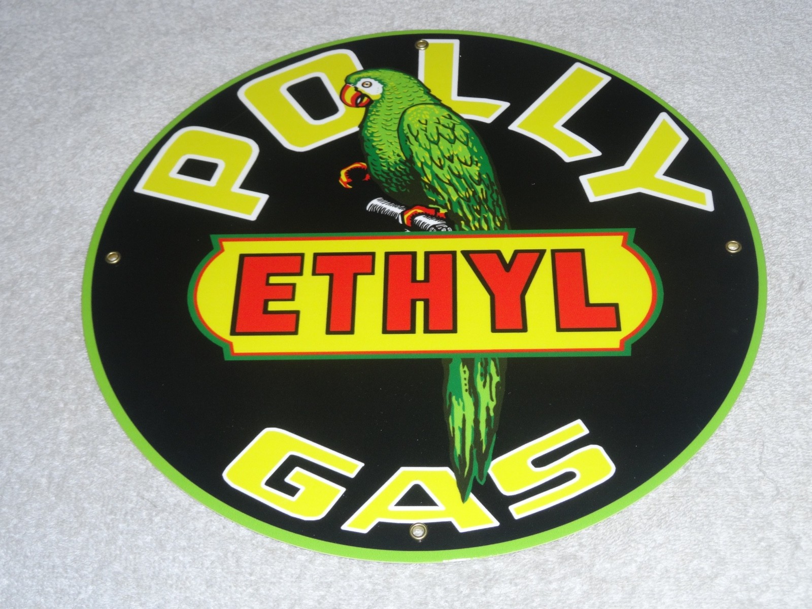 VINTAGE POLLY ETHYL GAS 🦜 PARROT BIRD OIL 11 3/4″ PORCELAIN METAL GASOLINE SIGN