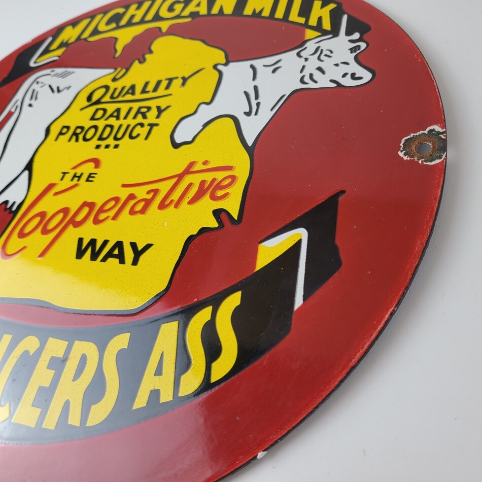 Vintage Michigan Milk Sign – Dairy Cow Porcelain Diner Gas Pump Sign