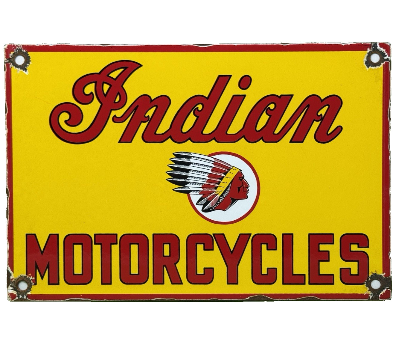 VINTAGE INDIAN MOTORCYCLES PORCELAIN SIGN, DEALERSHIP, MOTOR BIKE HARLEY GAS OIL