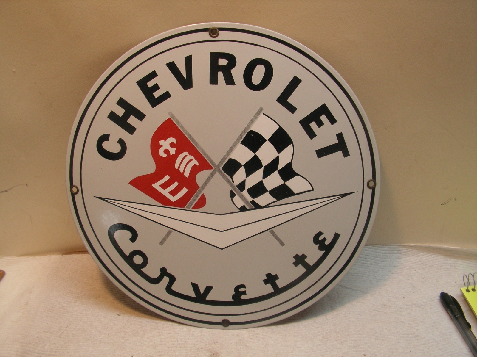 Vintage Chevrolet Corvette porcelain sign 11 1/4″ Andy Rooney. NICE!
