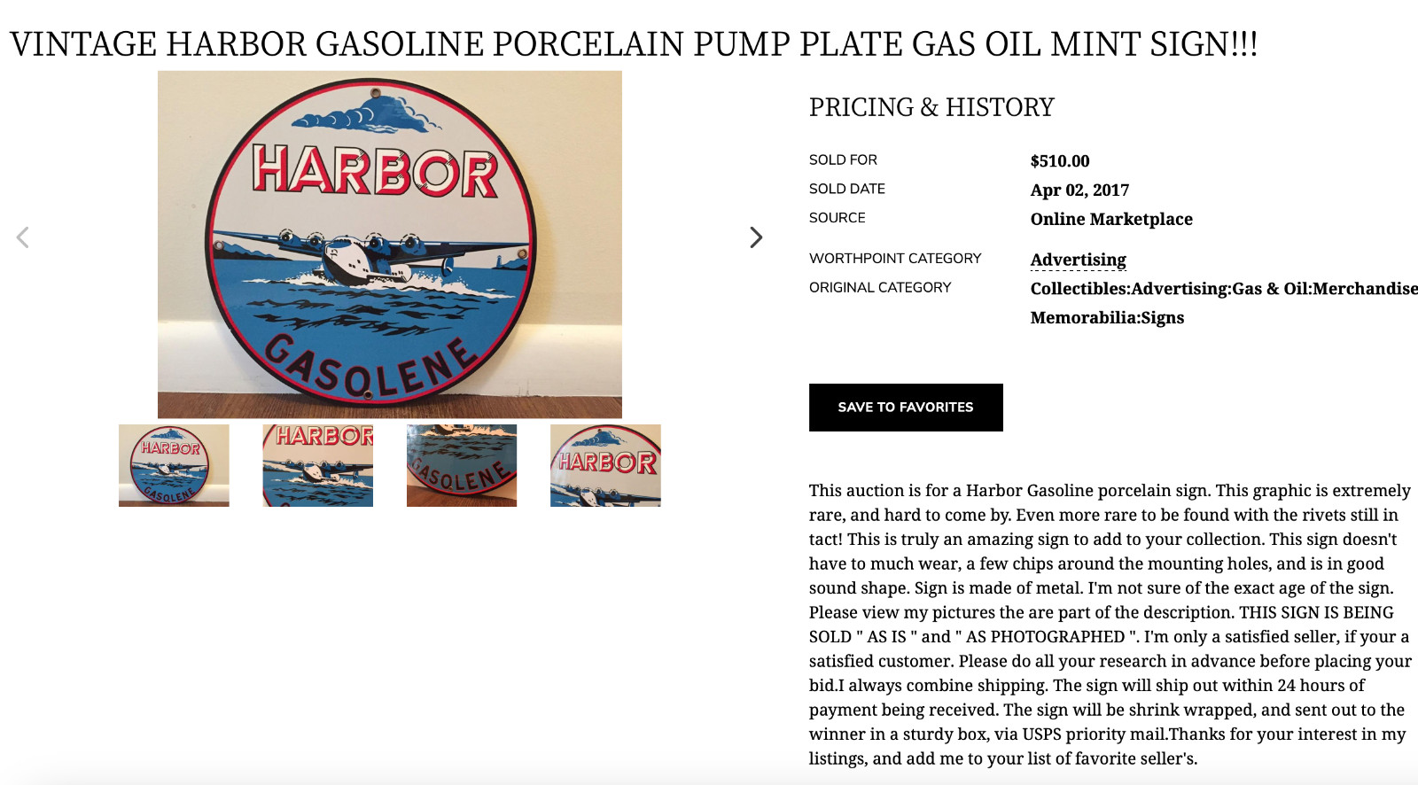 VINTAGE HARBOR GASOLINE AIRPLANE SEAPLANE 11 3/4″ PORCELAIN METAL GAS & OIL SIGN