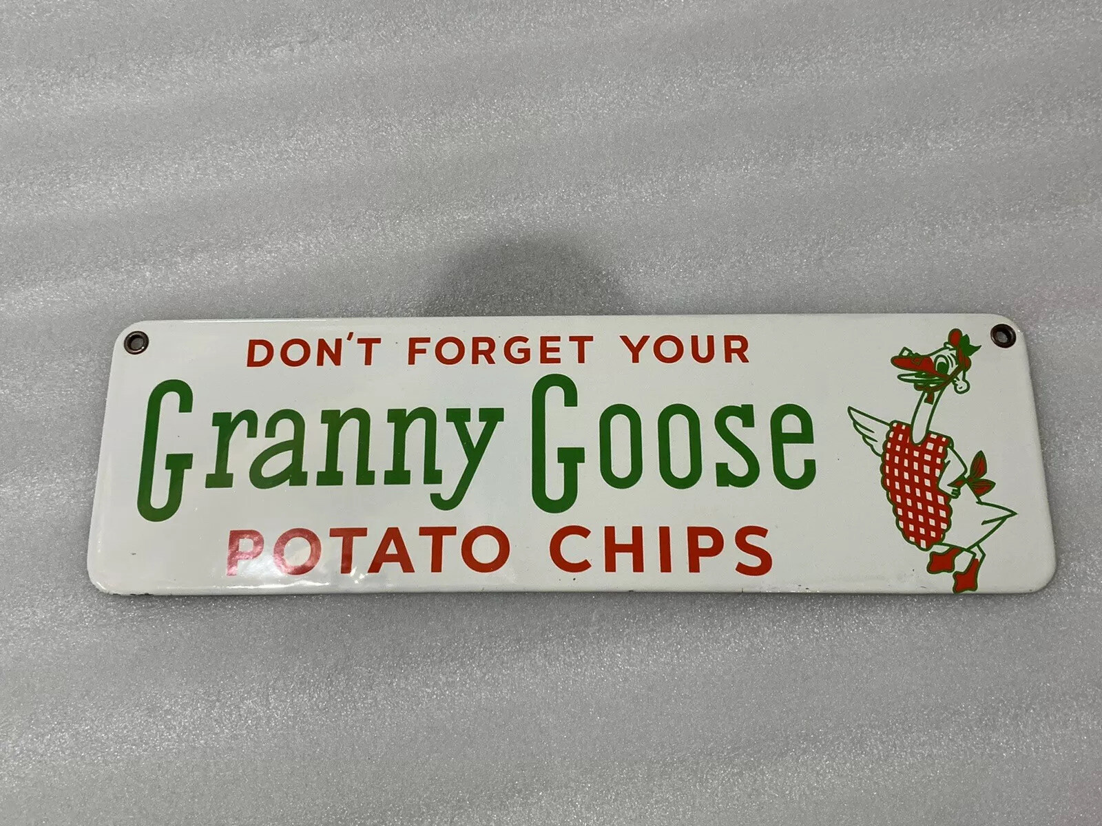 12 in GRANNY GOOSE POTATO CHIPS PORCELAIN ENAMEL SIGN