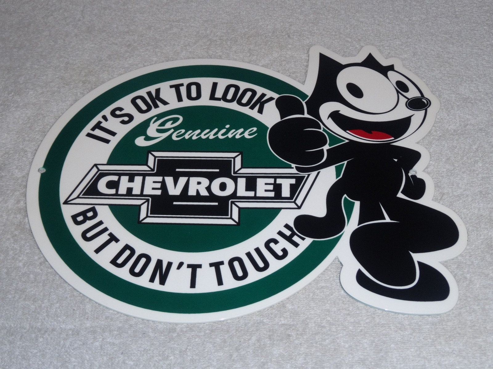 VINTAGE CHEVROLET FELIX THE CAT LOOK DONT TOUCH 12″ CAR TRUCK METAL GAS OIL SIGN