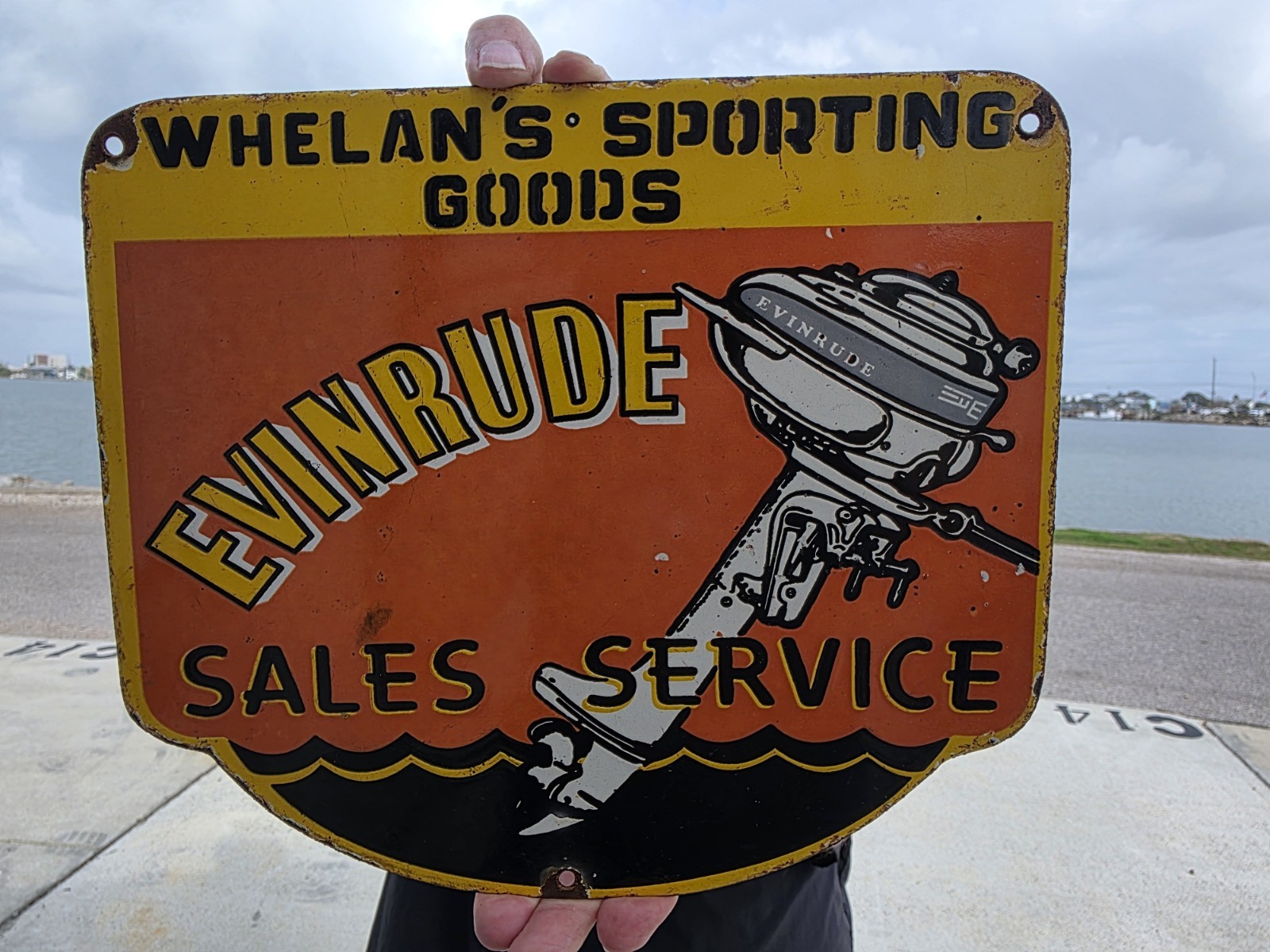RARE VINTAGE EVENRUDE SALES SERVICE PORCELAIN SIGN 9.5″x11″*