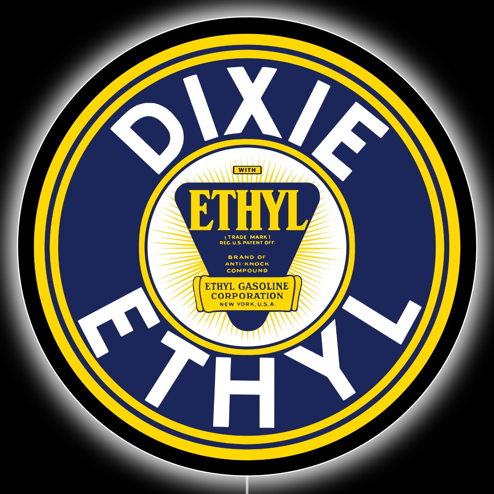 Dixie Gasoline with Ethyl LED Hanging Lighted Sign: 36″ Dia. Round