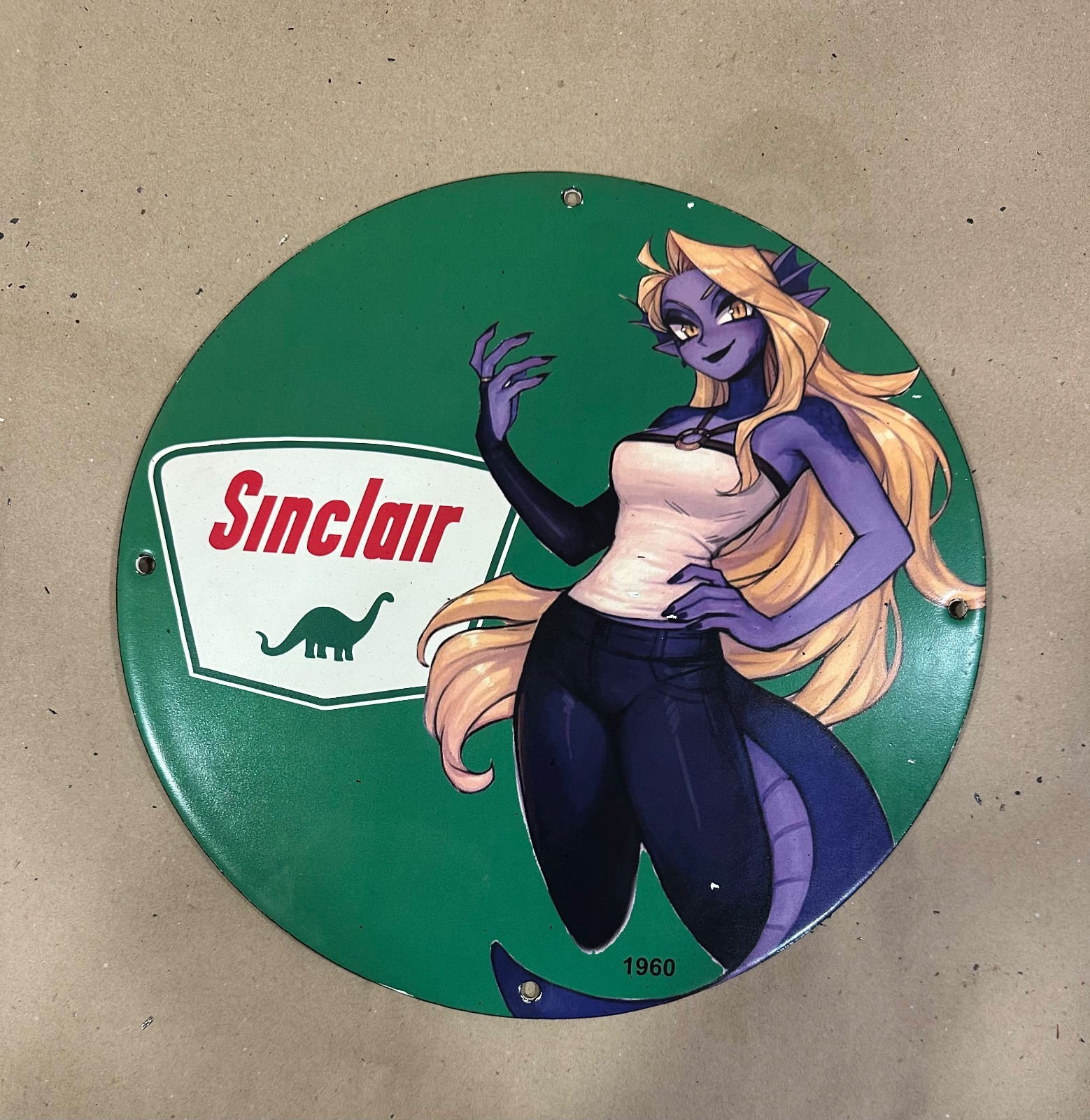 Vintage Porcelain Enamel Sinclair Gasoline Motor Oil Women Garage Pinup Sing