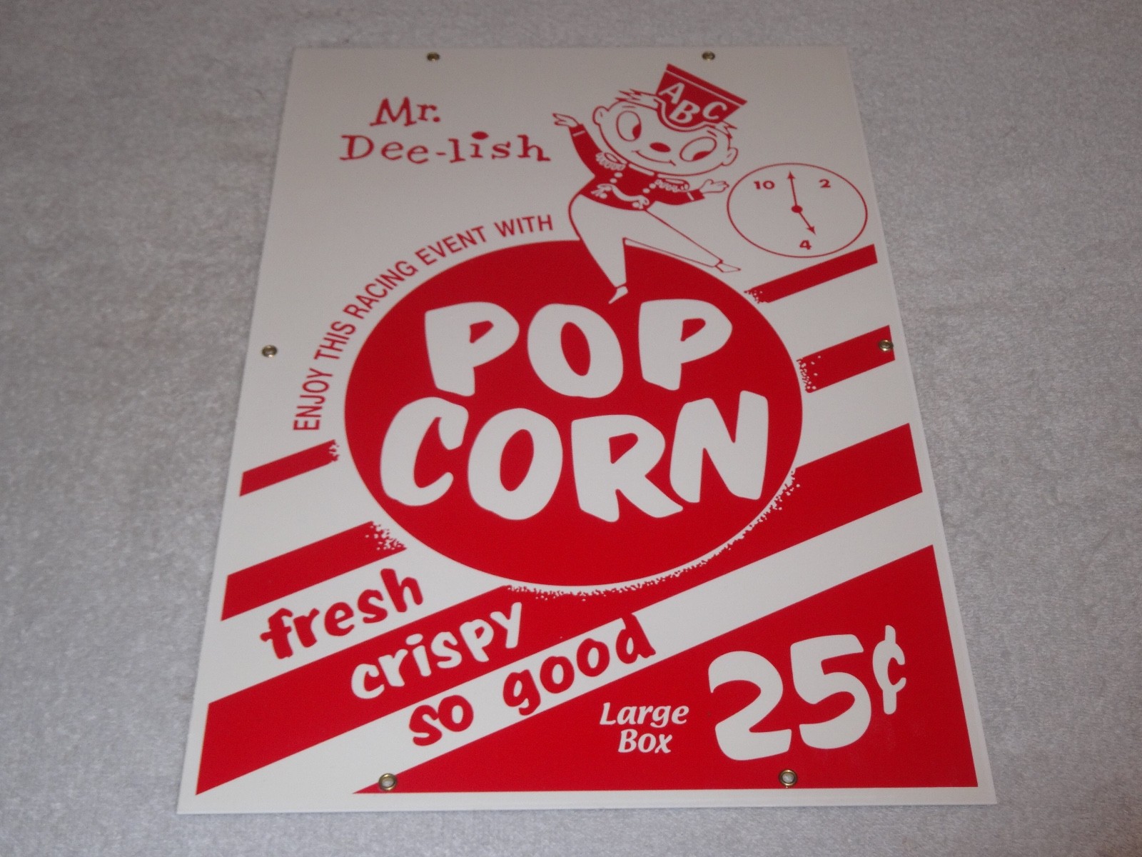 VINTAGE POPCORN 25 CENTS & MR. DEE-LISH 18″ PORCELAIN METAL GASOLINE & OIL SIGN!
