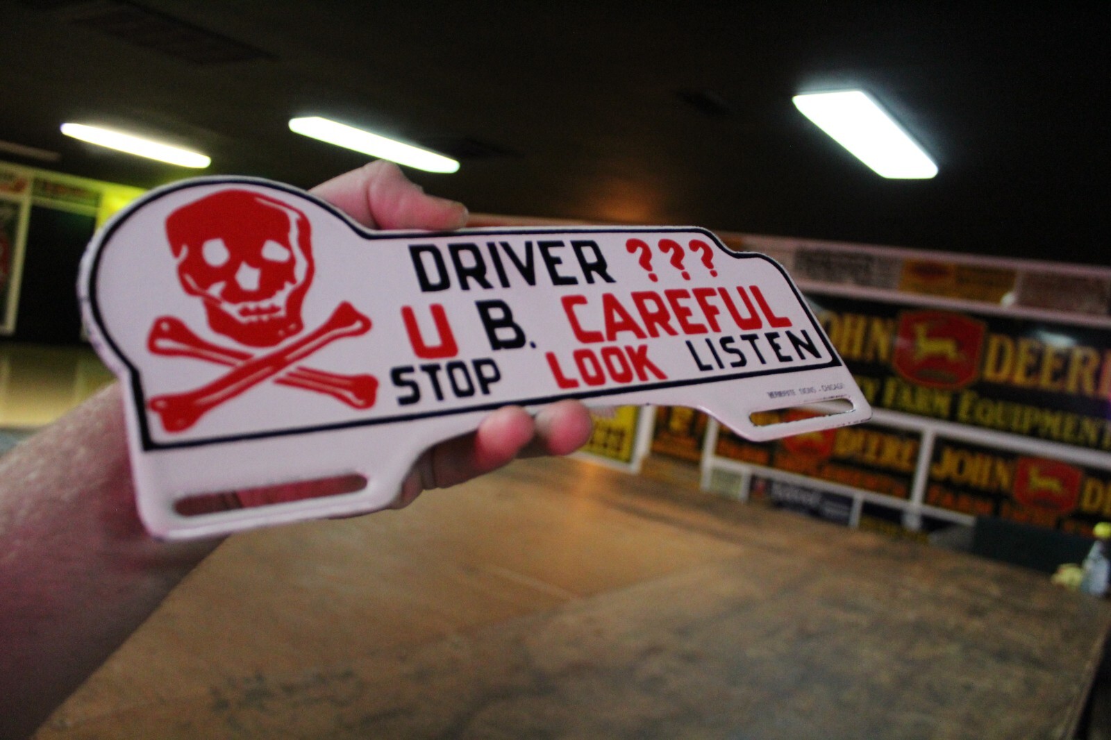 DRIVE U B CAREFUL STOP PORCELAIN METAL PLATE TOPPER SIGN SKULL CROSSBONES GAS