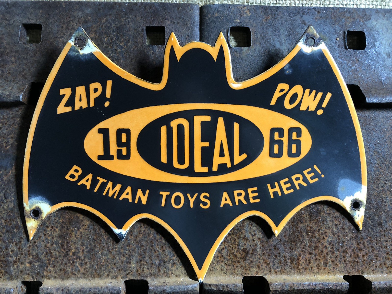 VINTAGE 1966 DATED IDEAL BATMAN TOYS 12” PORCELAIN SIGN ZAP POW GAS OIL