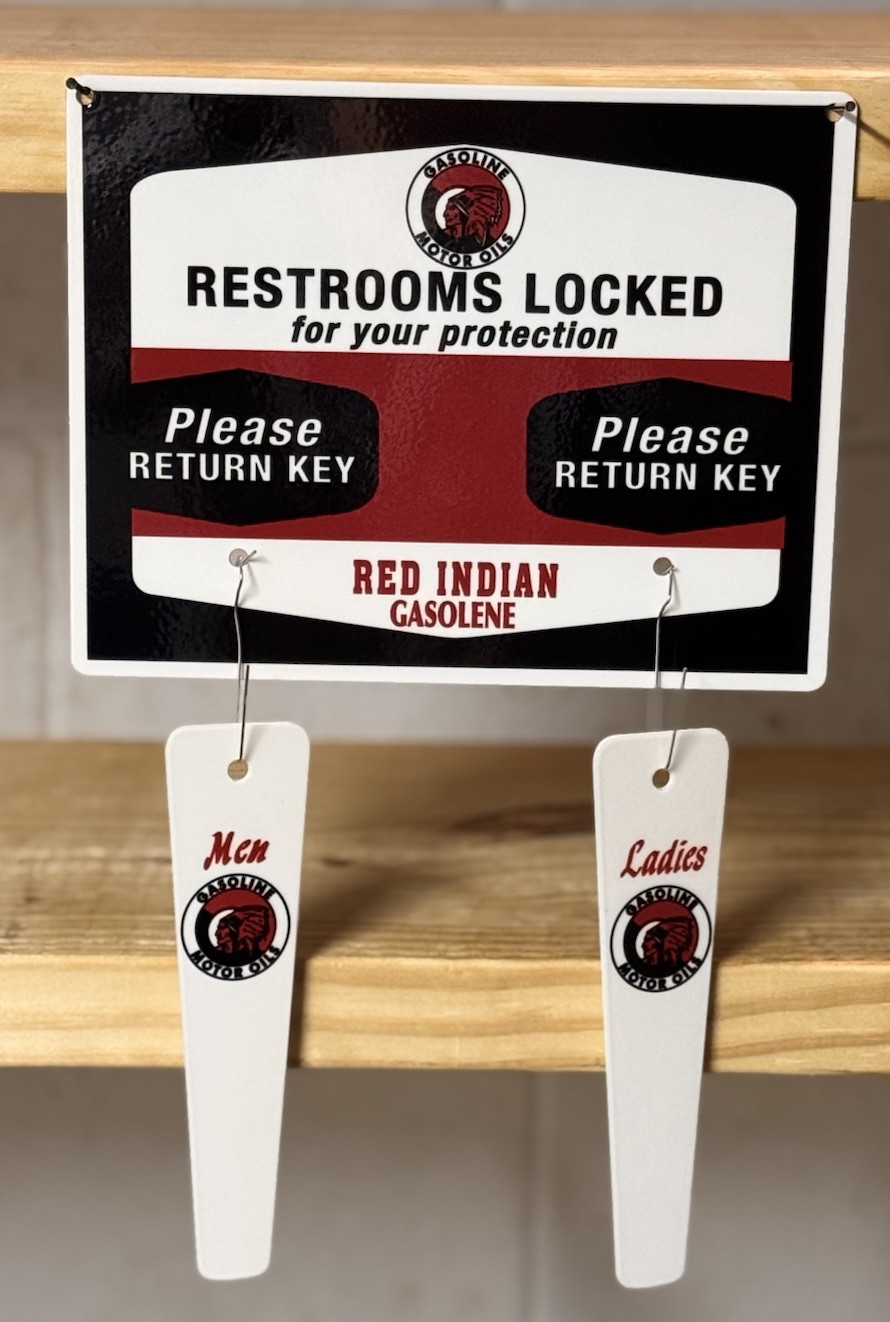 RED INDIAN GASOLINE RESTROOMS KEY HANGER WITH FOBS GAS OIL GARAGE STATION SIGN