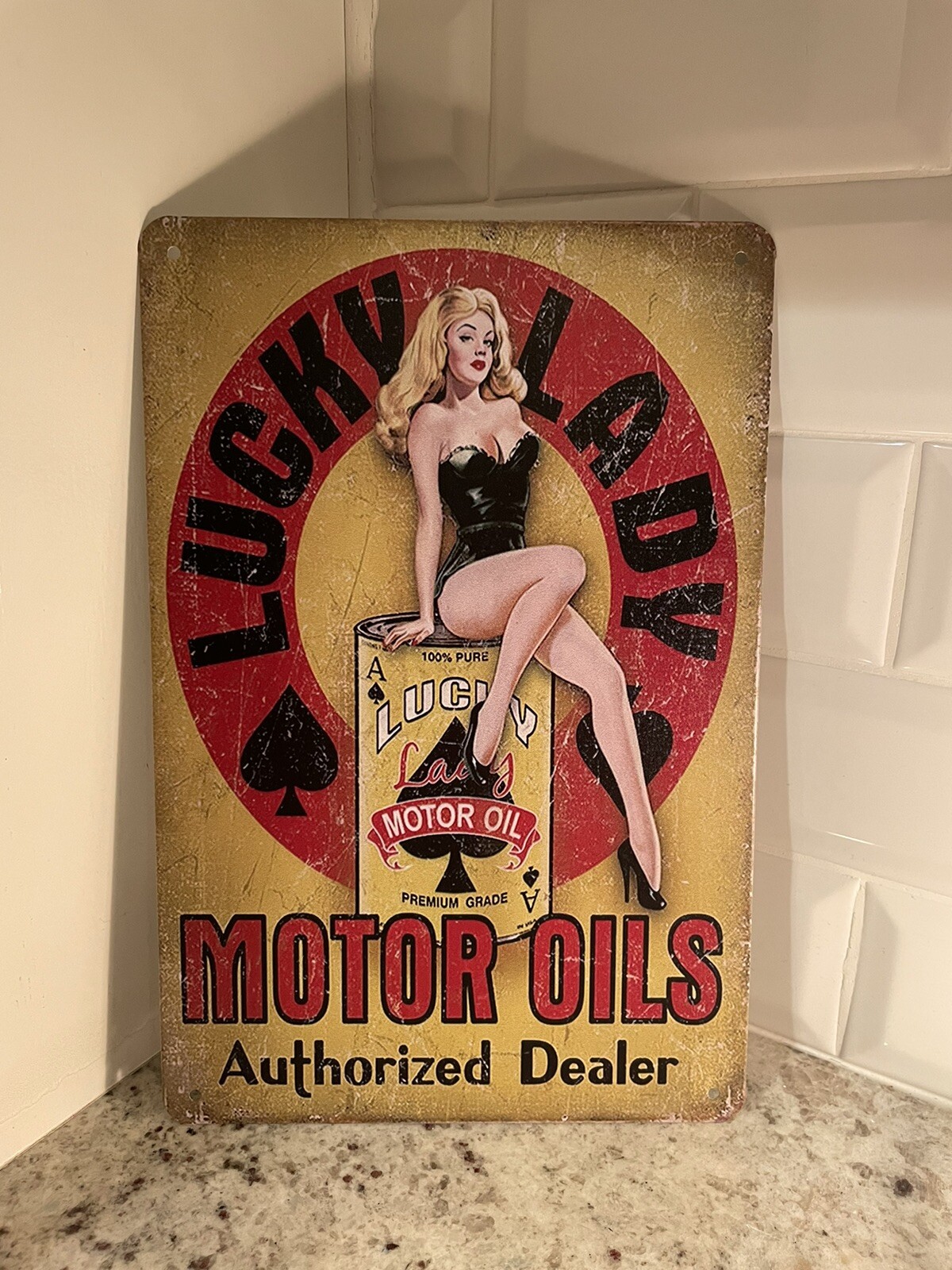 Lucky Lady Motor Oil Vintage Tin Sign Garage Barn Decor Reproduction Gas Station